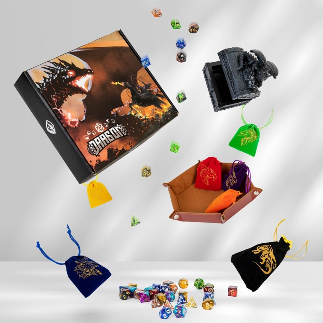 REZIPO Gifted Package 6 Sets DND Dice Double-Color Polyhedral Dice Dungeons and Dragons Rolling Dice for RPG MTG Table Games with Six Drawstring Bags and D&D Dice Tray
