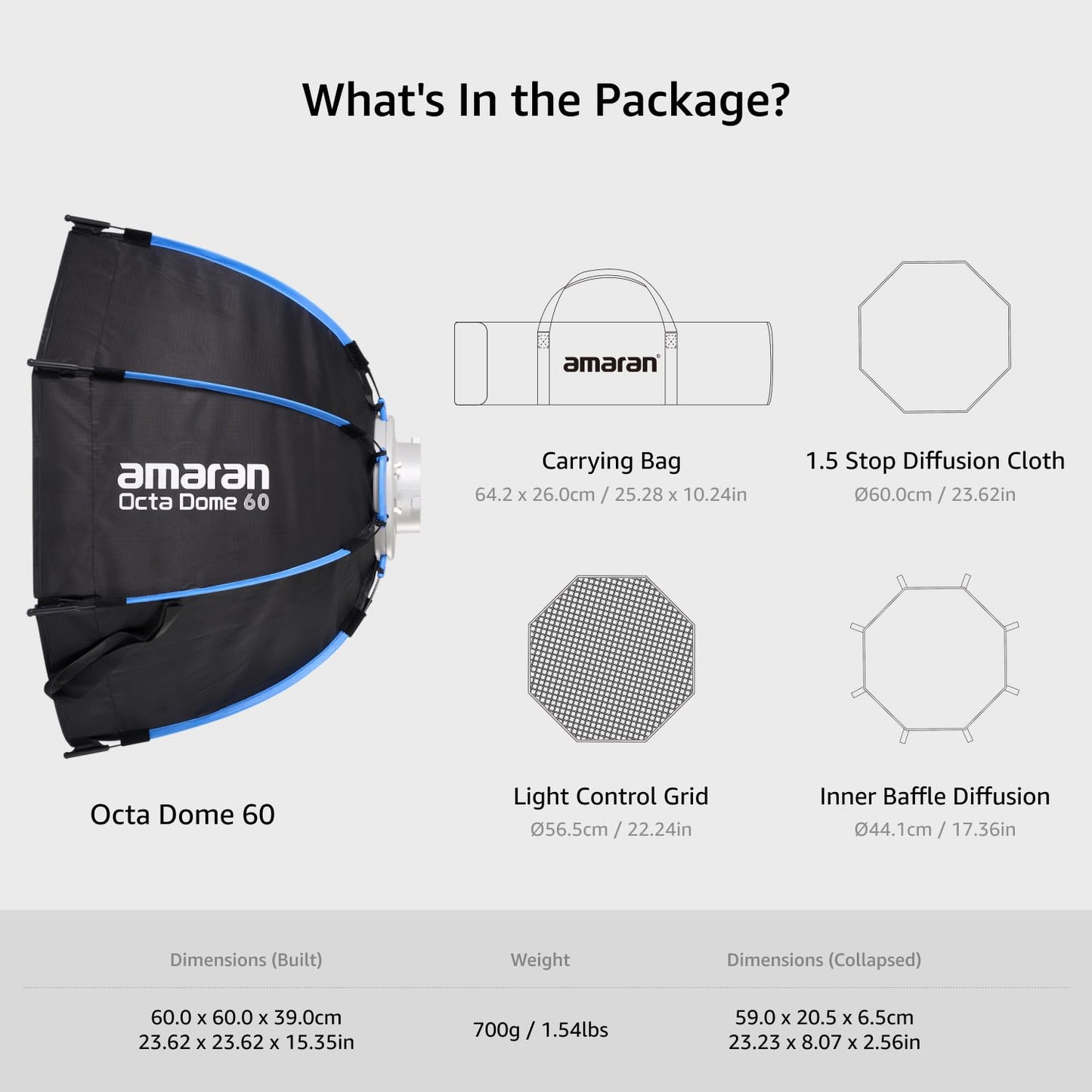 Amaran Light Dome 60 Softbox, Universal Bowens Mount, 60cm (2ft) Circular, 16-Sided, Quick-Release, Includes Diffusion & Control Grid, Carrying Bag