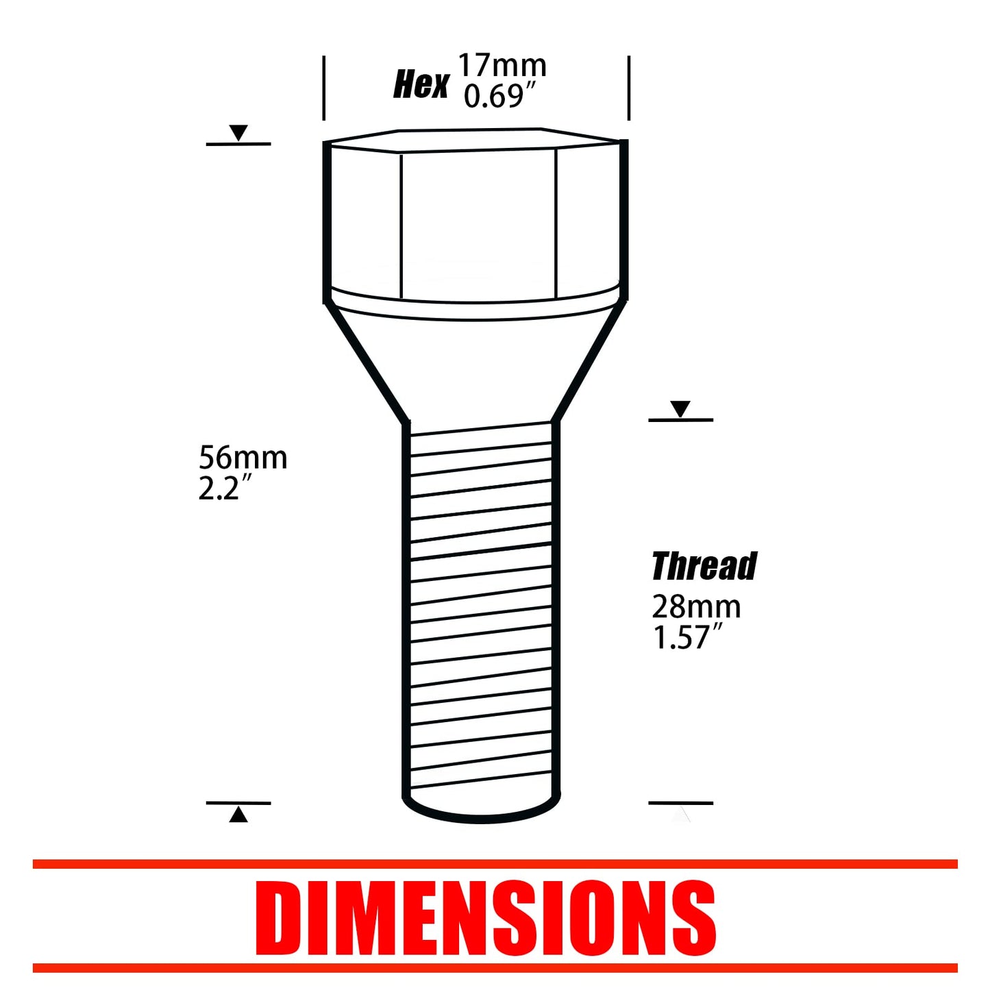 JiiinMiiin 14x1.25 Lug Bolts Conical Seat with 17mm Hex, 28mm Shank Length, M14x1.25 Thread, Black 20 Pack