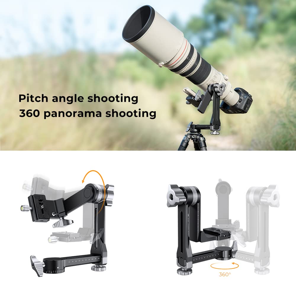 K&F CONCEPT Aluminum 360 Degree Panoramic Gimbal Tripod Head with 1/4'' Standard Quick Release Plate and Bubble Level Capacity up to 44.09lbs/20kg