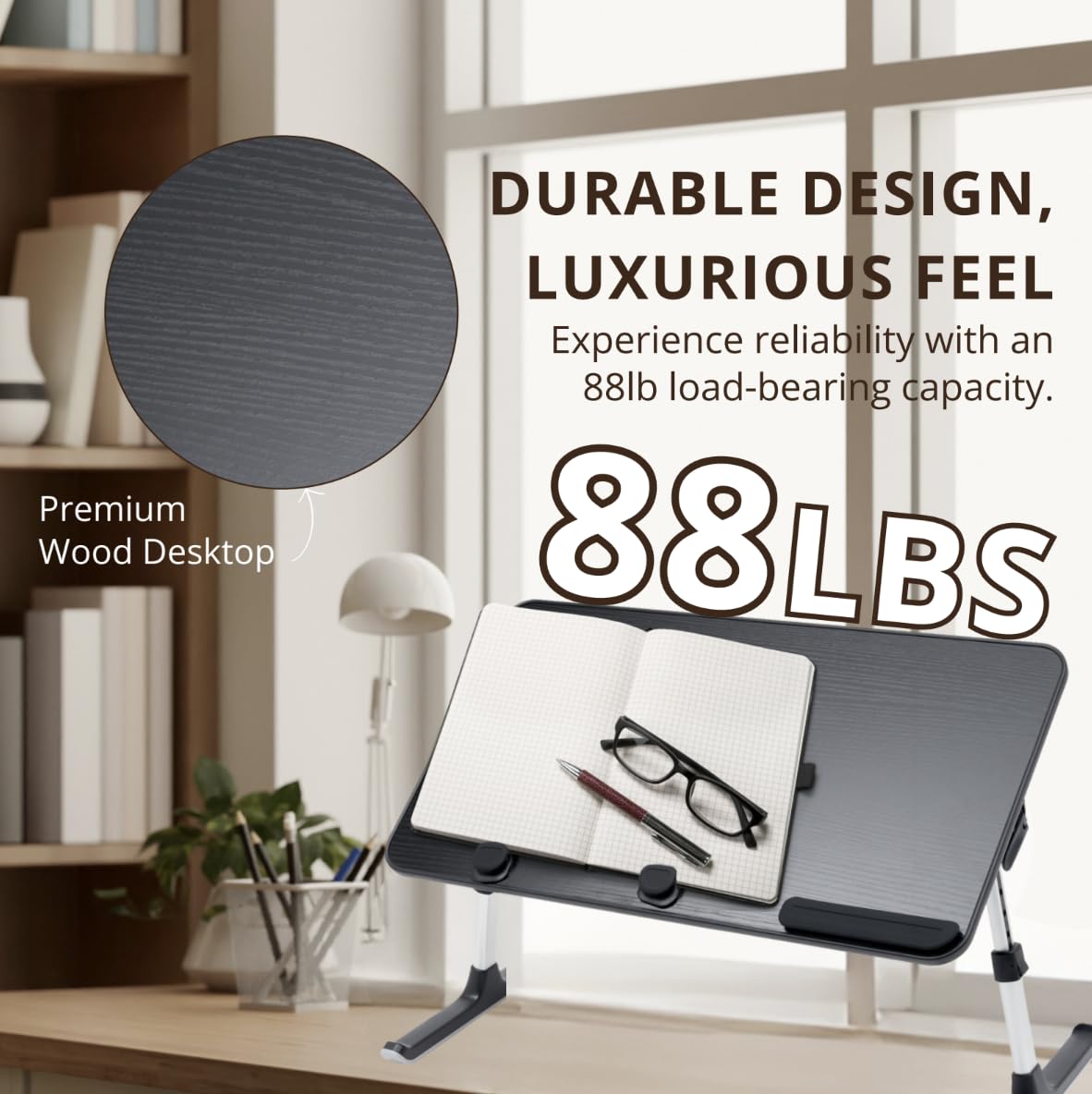 AXTON Black Foldable Laptop Table Desk Stand, Adjustable, Portable Workstation for Bed, Floor, Couch, Sofa, Breakfast, Lap - for Home, Office, Work, Reading, Writing, and Dining - Medium