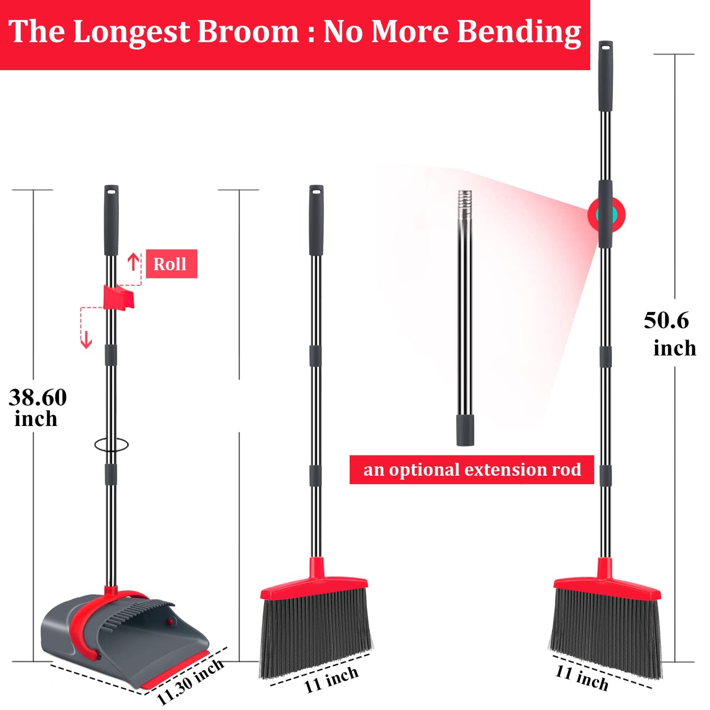 Ivandar Broom and Dustpan Set,Broom with Dustpan Combo Set Dust pan with Long Handle, for Home Kitchen Room Office Lobby Floor Use Upright Stand Up(Gray&Red)