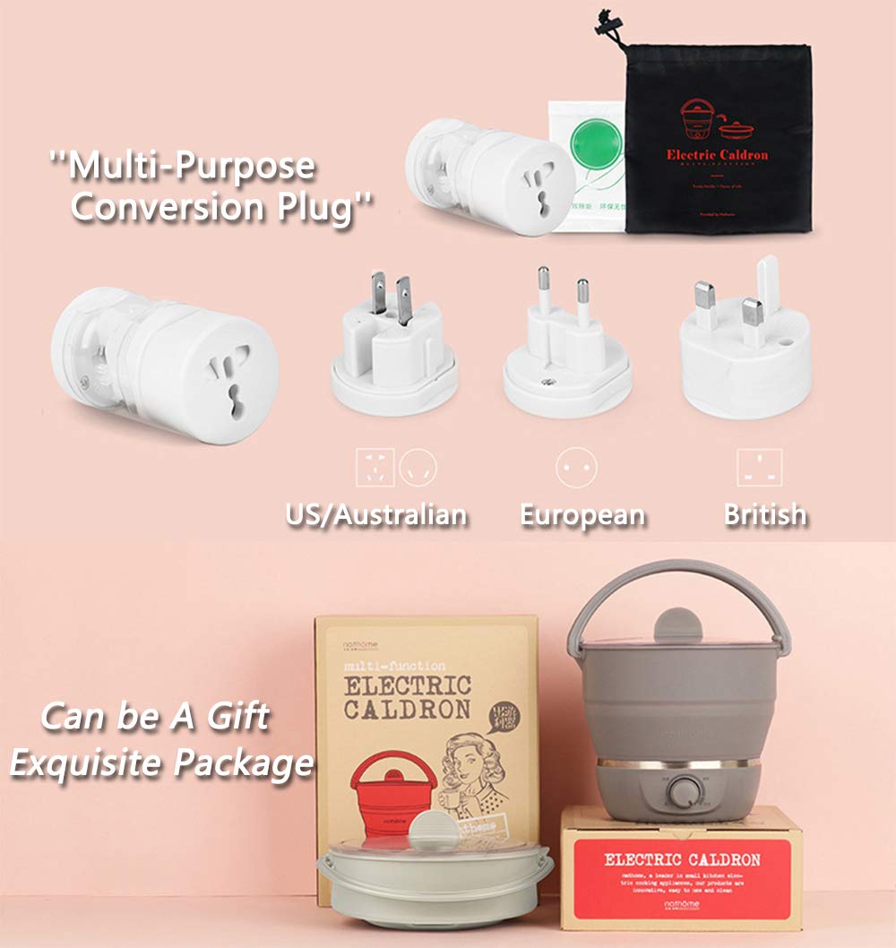 Drizzle Foldable Electric Hot Pot Cooker Dual Voltage100V-240V Mini Kettle Food Grade Silicone Cookerware Boiling Water Steamer Portable Travel (White)