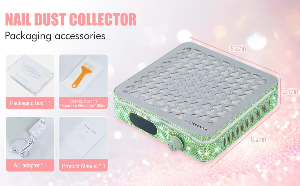 Electric Automatic Nail Dust Collector with Shiny Rhinestones Stickers, Rechargeable Collector with for Nails Polishing, Nail Salon Home (Green)