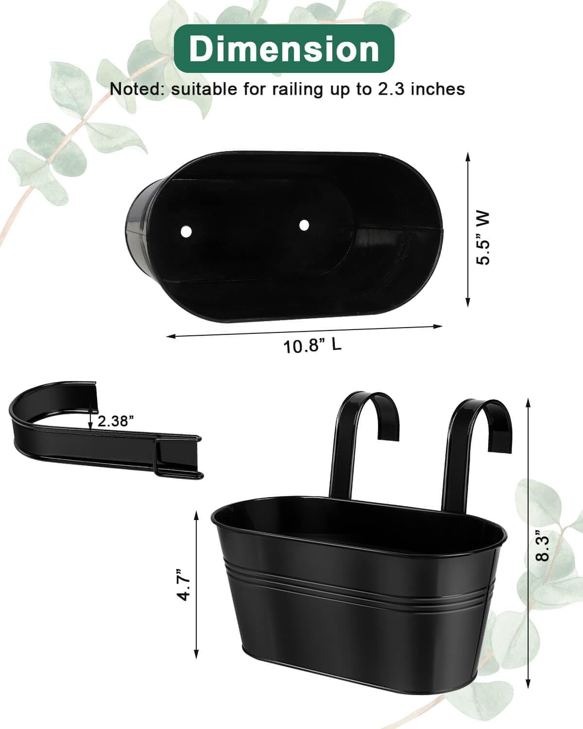 vensovo Metal Railing Planter for Outdoor Plants - 5 Pack Balcony Hanging Planter Box with Detachable Hooks and Drain Holes Oval Hanging Pots Fence Planters for Railing Garden Fence, Black