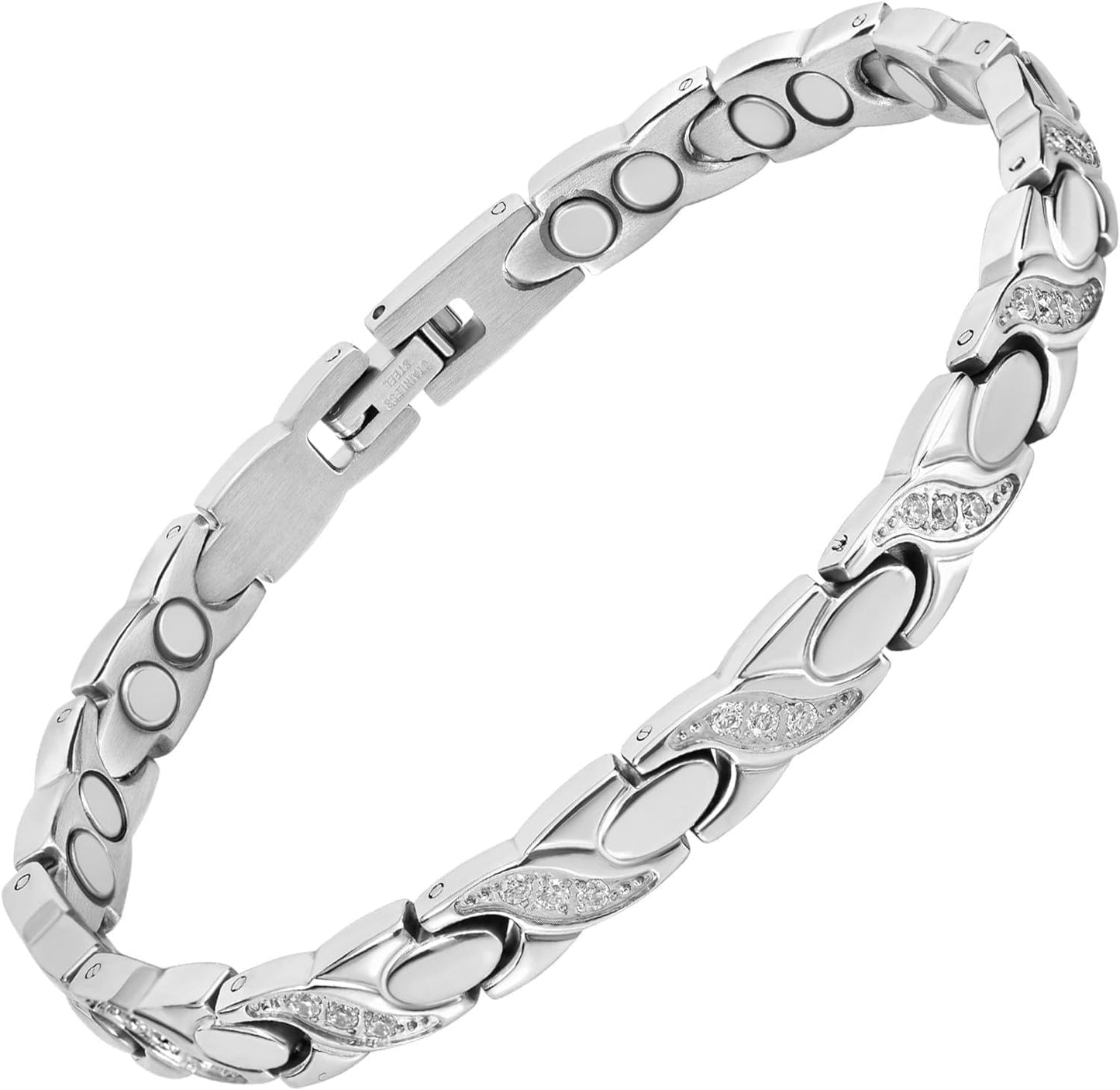 MagnetRX® Ultra Strength Magnetic Bracelets for Women – Double Magnet Stainless Steel Crystal Bracelet for Women – Adjustable Bracelet Length with Sizing Tool (Silver XO)