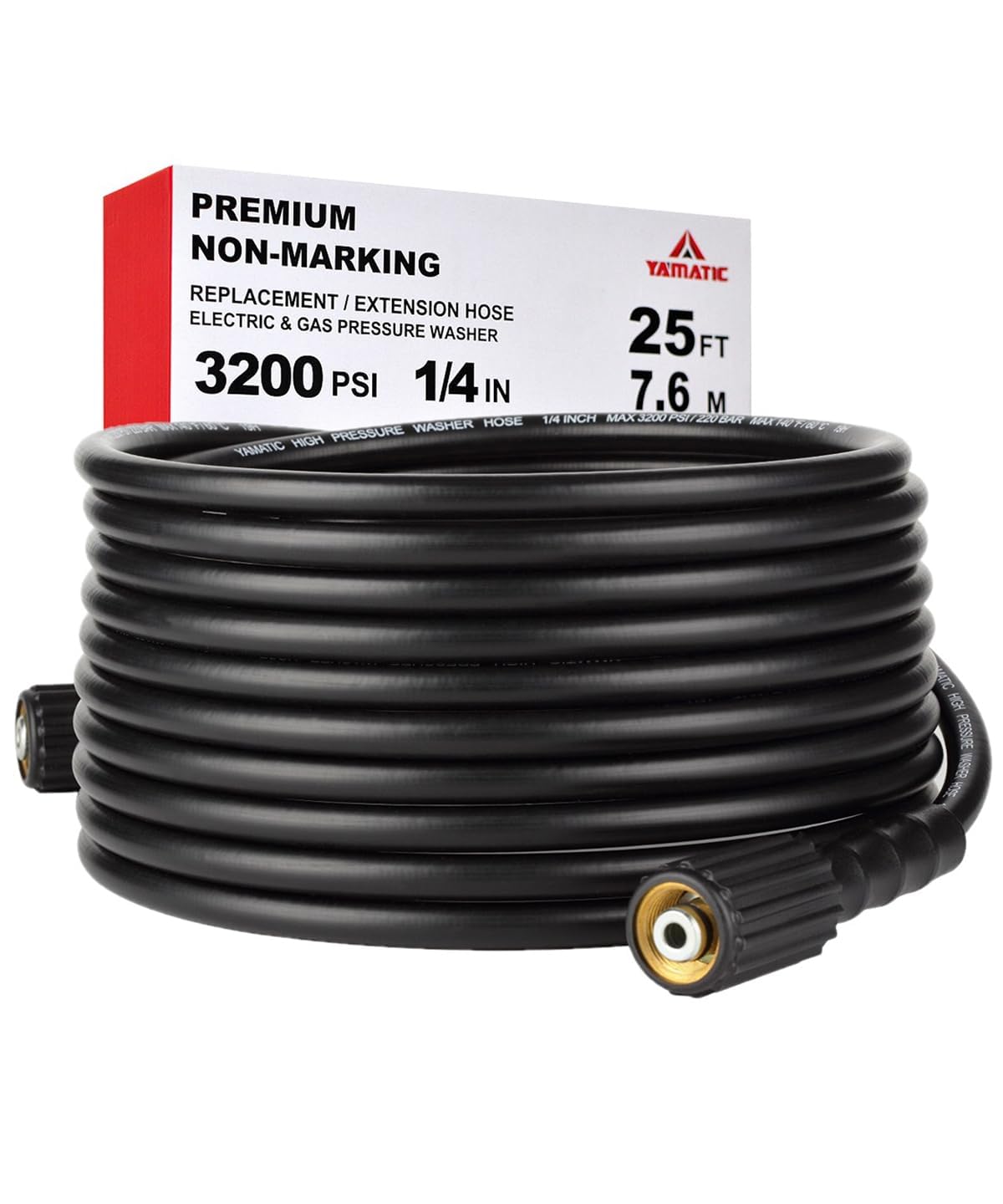 YAMATIC Pressure Washer Hose 25FT 1/4" Kink Resistant M22 Brass Fitting Power Washer Hose Replacement for Ryobi, Troy Bilt, Greenworks, Craftsman & More High PressureWashers, 3200 PSI