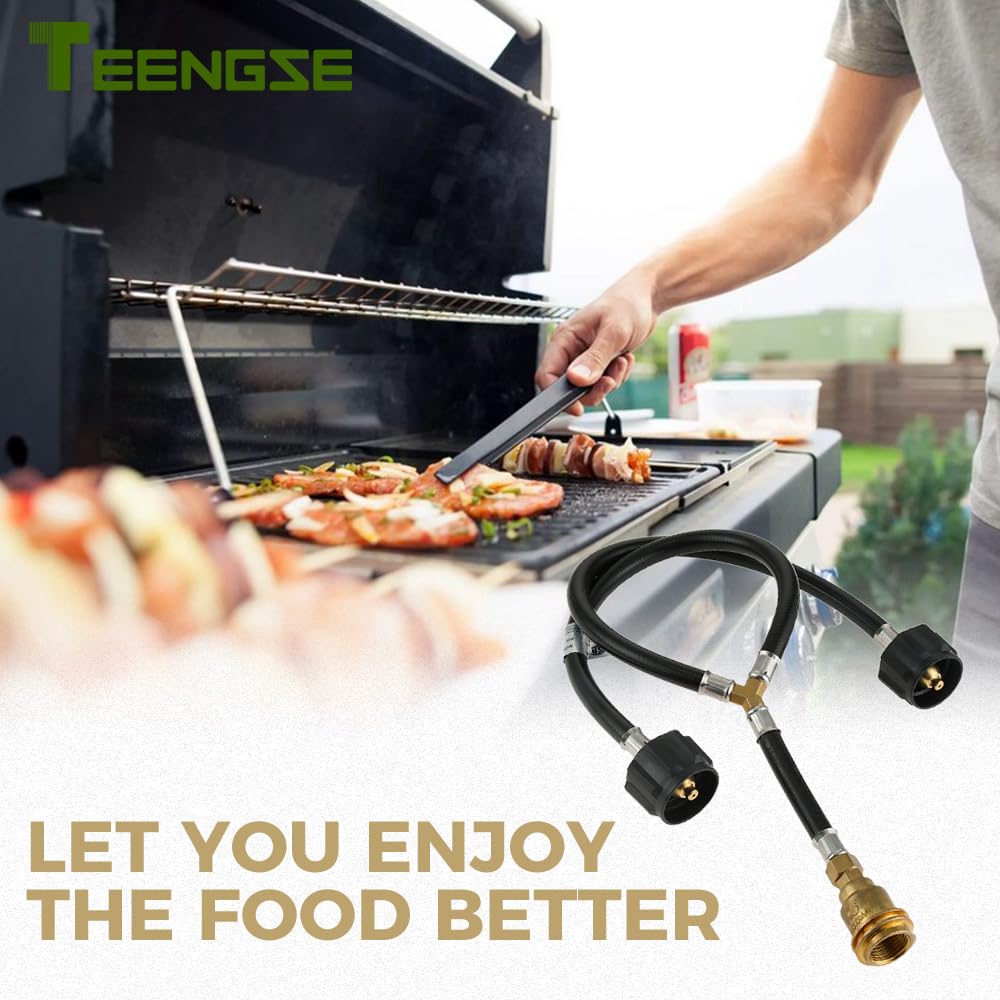 Teengse Y Shape Propane Splitter Hose Converter Adapter, QCC/POL Outlet and QCC Inlet, Propane Tank Regulator Valve for Heaters, Grills, Fire Pit, Gas Burner, Turkekey Fryer