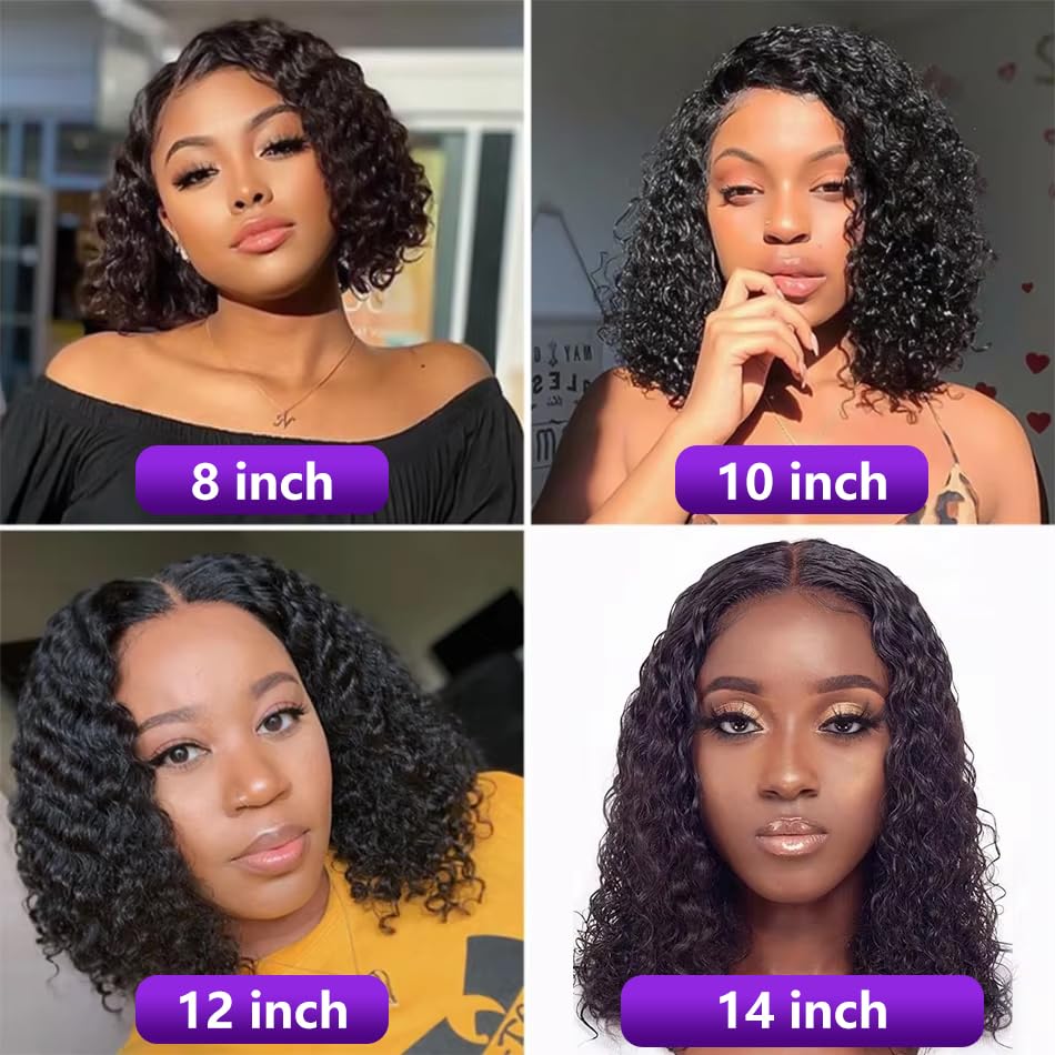 Bob Wig Human Hair 13x4 Deep Wave Curly Lace Front Wigs For Women Short Bob Wig Pre Plucked with Baby Hair Glueless Hair Curly Wigs Nature Hairline 150% Density Perruque Femme Humain (Natural balck 13x4 curly wig, 10 Inch)