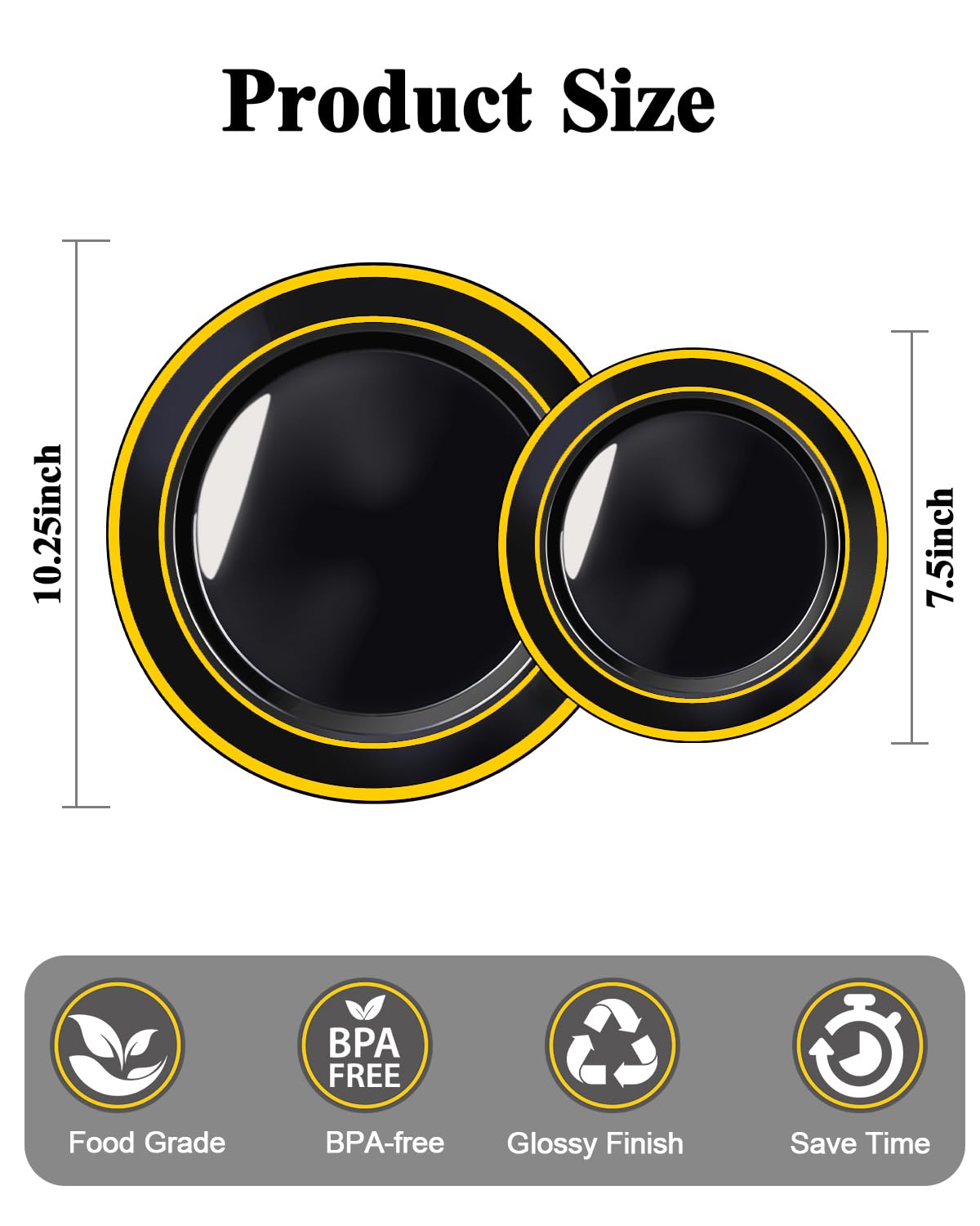 100PCS Black Plastic Plates Set with Gold Rim, 50 10.25 inch Dinner Plates and 50 7.5 inch Dessert Plates, Premium Disposable Plates forfor Party, Wedding, Holiday,And Halloween
