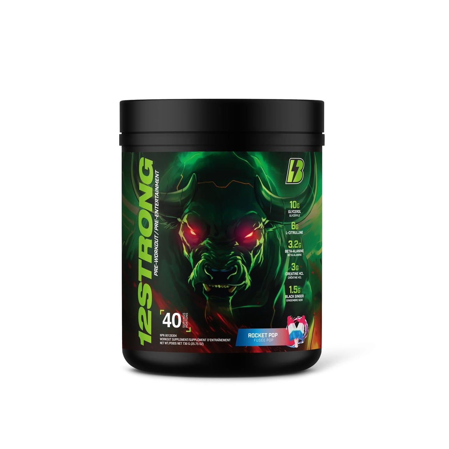 BULL Nutrition 12 STRONG – Pre-Workout Powder with Glycerol, L-Citrulline, Beta- Alanine, and Creatine Supplements for Muscle Growth and Increased Endurance, Strength, Focus, and Energy Output – Made in Canada – 40 Servings, 730 grams (730g, Rocket Pop)