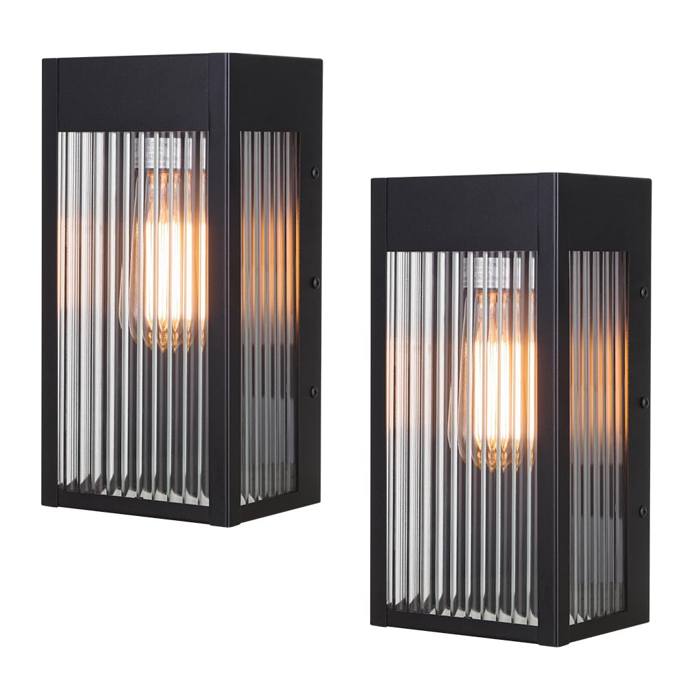 Cerdeco Black Outdoor Wall Light with Striped Tempered Glass,Modern Outdoor Wall Sconce with E26 Socket,2 Pack