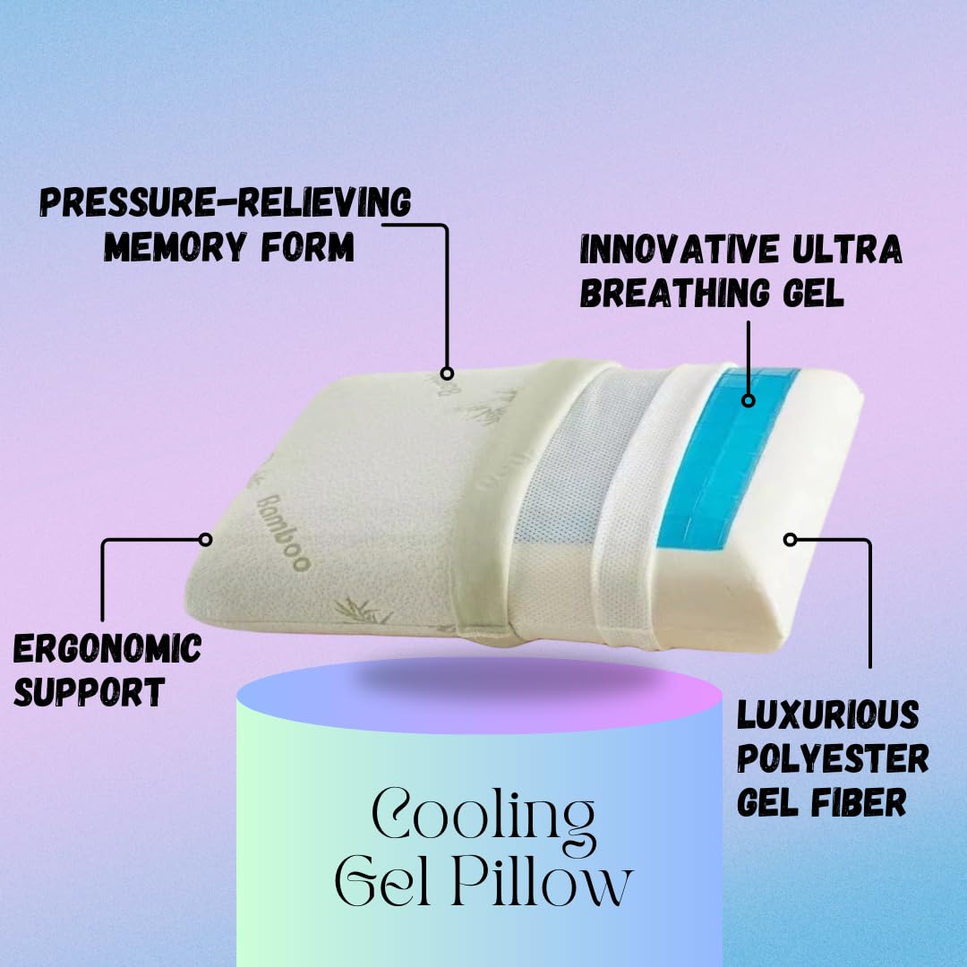 Cooling Gel Bed Pillow – White Bamboo Fiber Pillow for Sleeping, Orthopedic Support, Breathable & Hypoallergenic, Ergonomic Design, Ideal for Back, Side & Stomach Sleepers