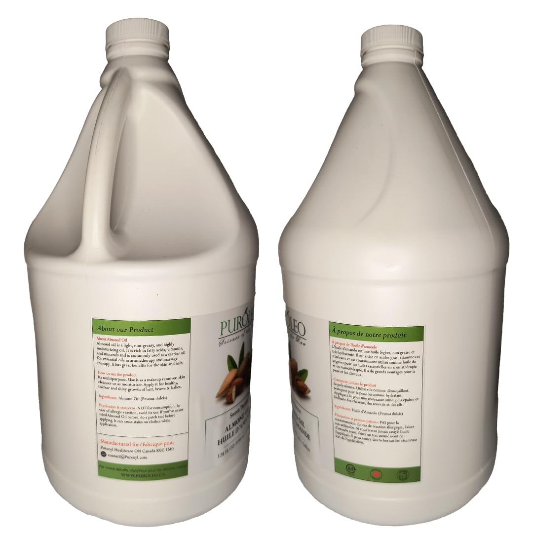 PUROLEO Sweet Almond Oil 128 Fl Oz/3784 ML (Packed In Canada) Pure Almond Oil for Skin, Hair, & Body | Organic Carrier Oil & Body Oils For Women | Almond Butter Hair Oil, Body Oil, Baby Oil, Massage Oil huiles essentielles Amande Douce Huile Massage