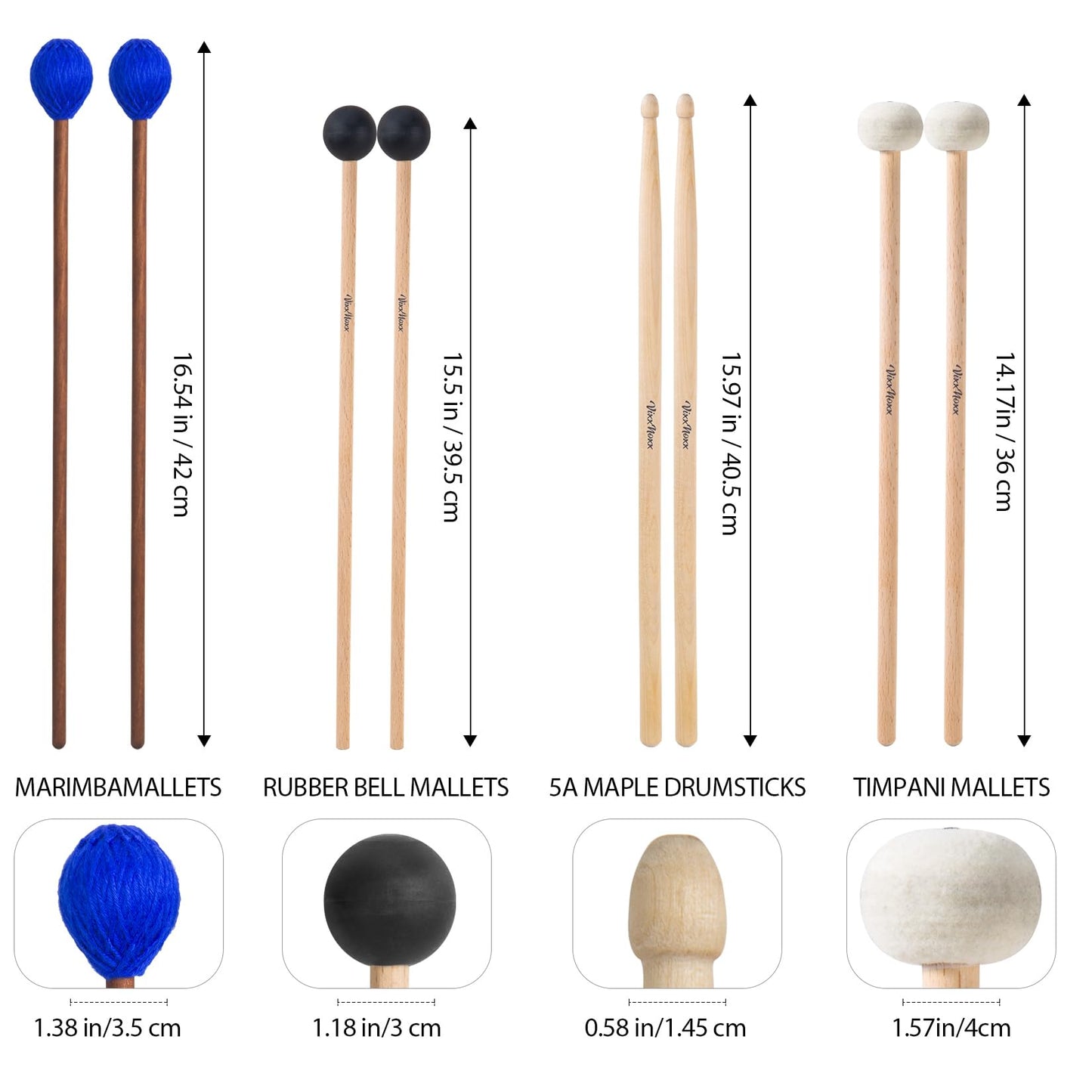 VixxNoxx Drum Mallets Kit – 4 Pairs (Felt, Rubber, Marimba, 5A) Drumsticks with Bag, Percussion Instrument Beginner Accessories for Steel Drum, Bass Drum, Cymbals, Glockenspiel, Xylophone Mallet