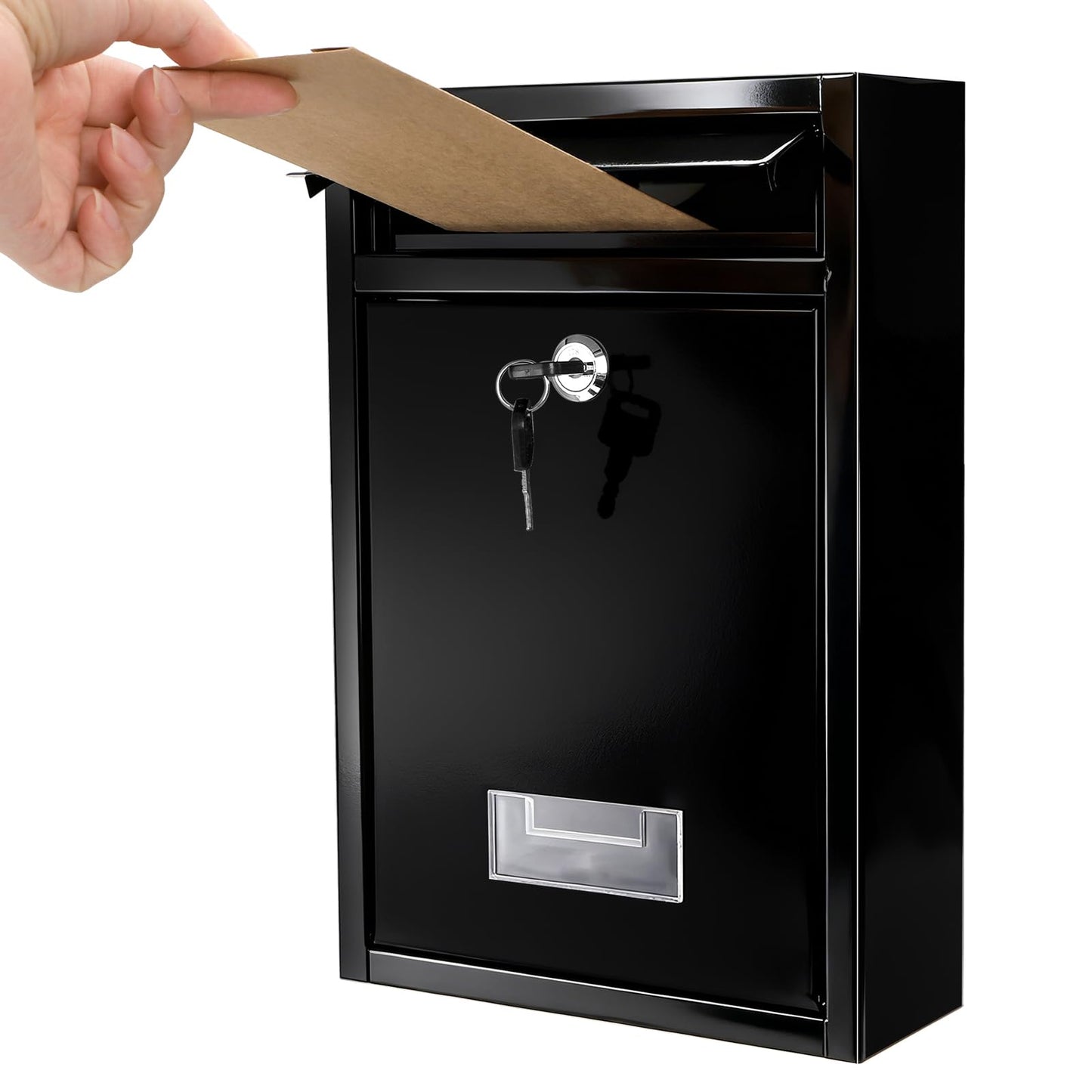 DEAYOU Wall Mount Mailbox, Steel Cover Metal Drop Box, Mail Box with Key Lock, Dropbox with Slot for Envelope, Home, Outside, Office Business, Decor, 12.6" H x 8.5" L x 3.3" W, Black