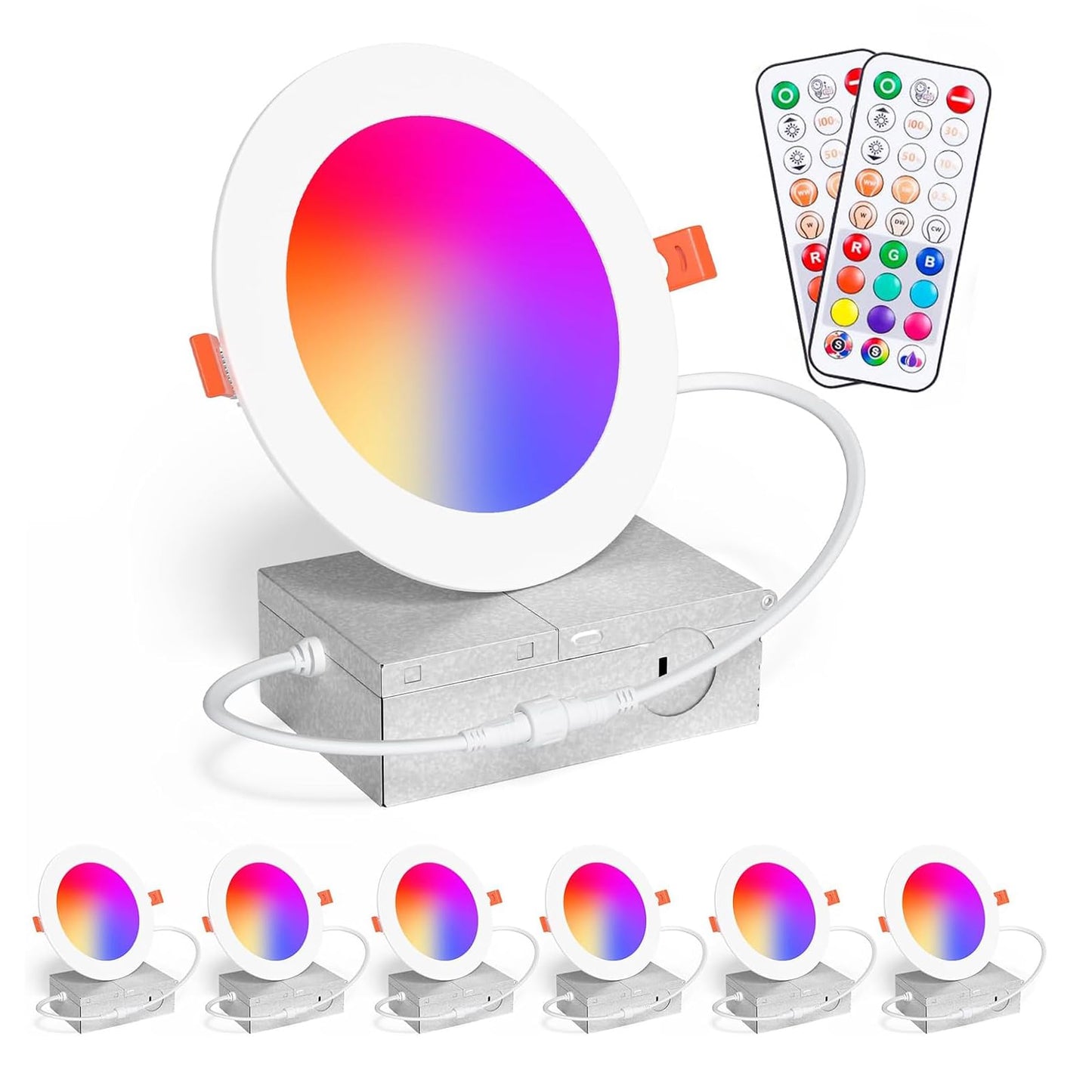 Recessed Lighting 4 Inch RGBCW Color Changing 12W LED Downlights with Junction Box,1080Lumens Recessed Ceiling Light,Dimmable by Remote Control,Dual Memory - Timer - 14 Color Choices - 3 Modes,6 Pack