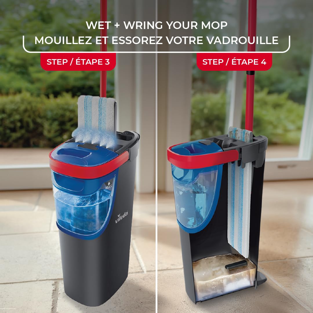 Vileda H2prO Flat Mop and Bucket Set | 100% Clean & Dirty Water Separation | Wall Mop, Baseboard Cleaning Tool | Machine Washable Reusable Microfiber Mop Head | Safe on All Floor Types
