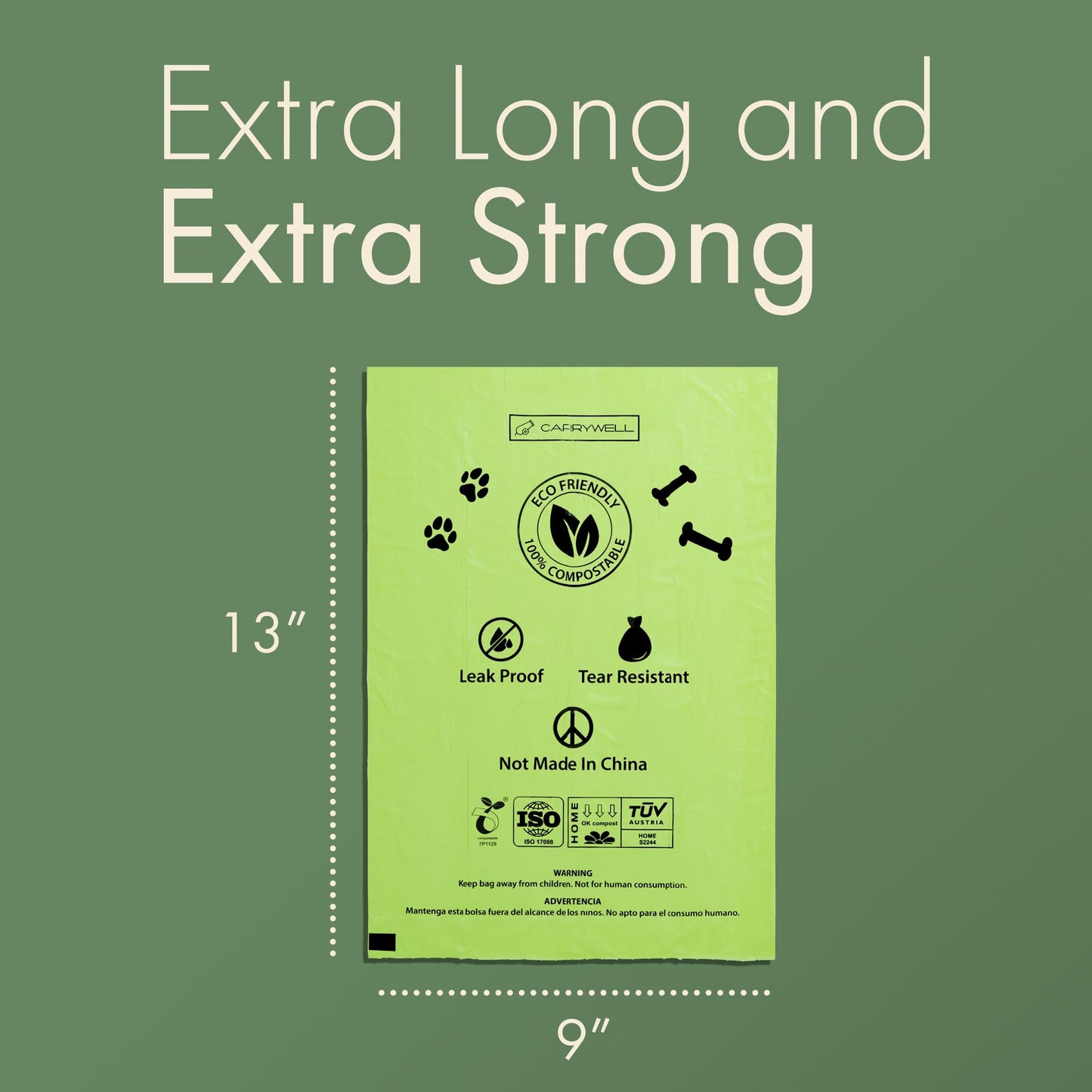 Carrywell (Not Made In China) 100% Certified Compostable Dog Poop Bags, Plant Based Dog Poop Bags, Corn Starch and PBAT, EN 13432 and TUV Austria certified, 300 Unscented Bags (15 Rolls), Green