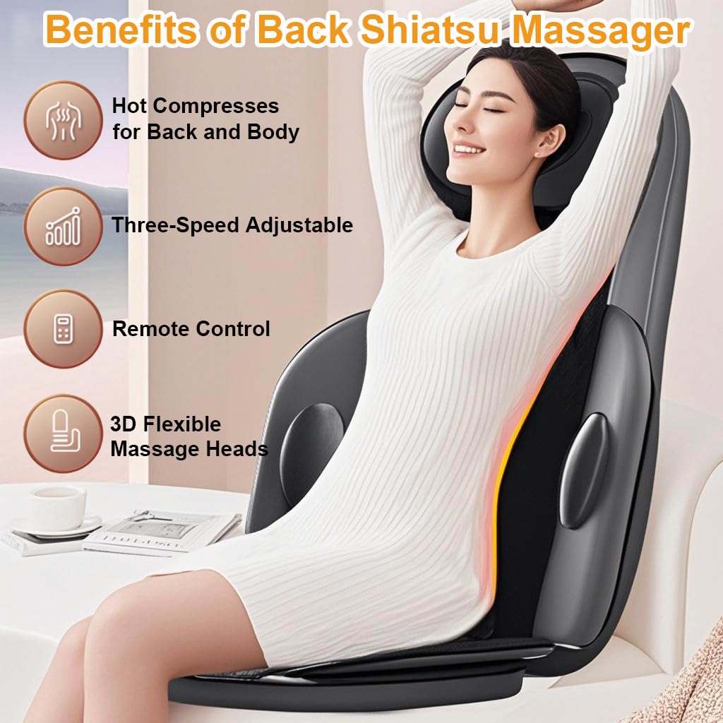 Back and Neck Massage cushion with heat, 5 massage modes, 4 vibration modes and 3 heating modes Massage Chair Pad, with removable multifunctional leg and foot massager, for Office,Home