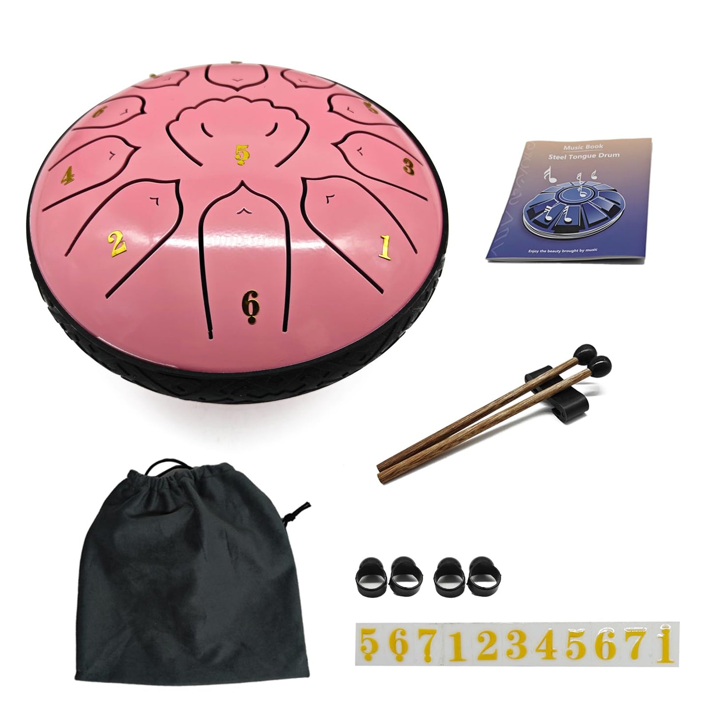 MIUYA 6-Inch 11-Note Steel Tongue Drum, Carbon Steel, Mallets, Song Book, Carrying Bag, Portable for Outdoor Park, Camping, Travel, Picnic (Pink Rose)