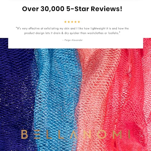 BELLANOMI 4 Piece African Exfoliating Net Sponge Long African Bath Sponge, Authentic Ethically Sourced from Nigeria, Great for Daily Use (Navy Blue, Baby Blue, Blush, Barbie Pink)