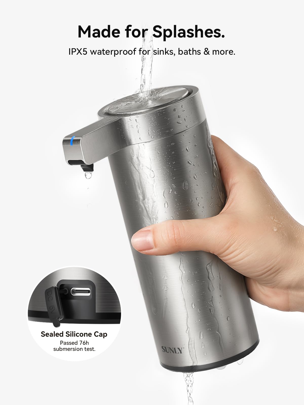 SUNLY Touchless Automatic Soap Dispenser – Clog-Free Pump, 0.2s Fast Sensor, USB-C Rechargeable, Smudge-Resistant Stainless Steel, for Kitchen & Bathroom Soap Dispenser, Satin Silver