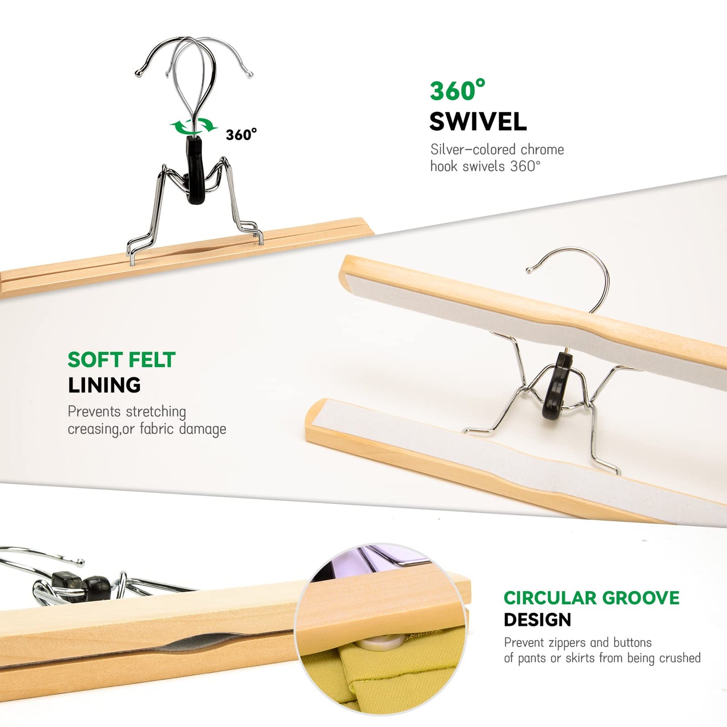 Nature Smile Wooden Trouser Hangers, 10 Pieces Non-Slip Skirt Hangers, Hair Extension Hangers, Jeans/Slack Hangers with 360° Rotating Hook - Pants Clip Hangers (Natural)