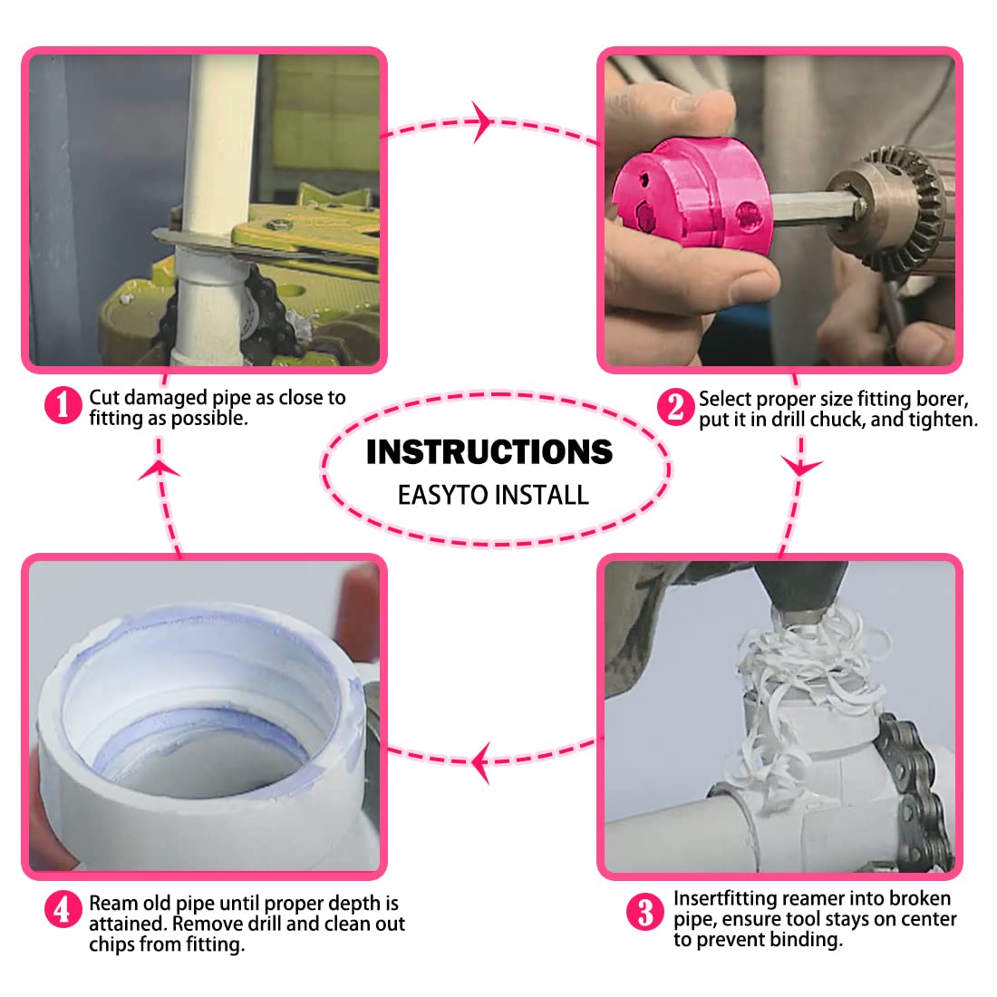 5-Piece Plastic Pipe Reamer Tool Kit for PVC, CPVC & ABS Fittings,Includes 1.25", 1.5", 2", 3", 4" Reamers,Compatible with Standard 1/2" Drills,3/8" Hex Shaft, for Exhaust, Drain, Water Pipes Cleaning