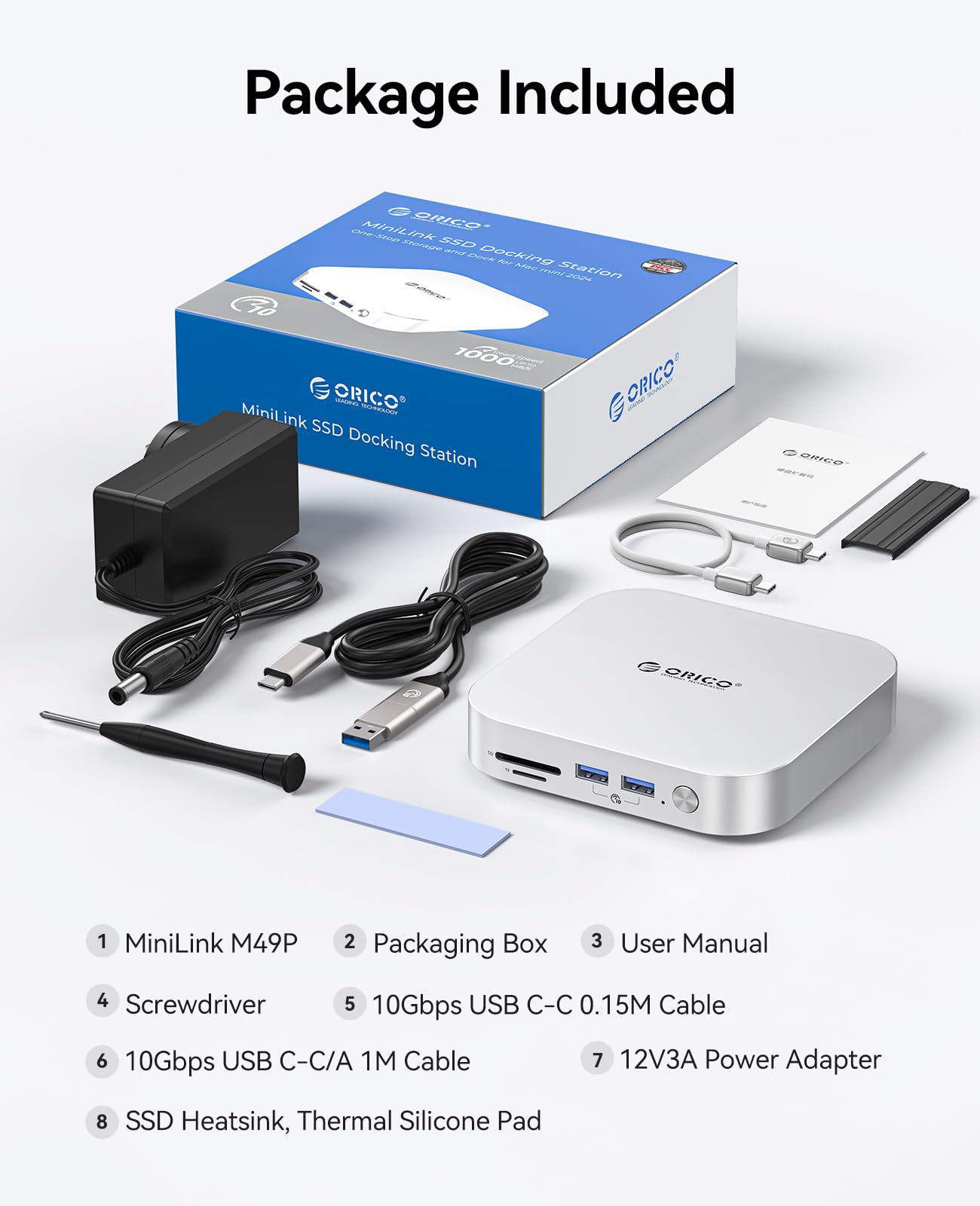 ORICO MiniLink USB Hub Compatibility with Mac Mini M4, 9-in-1 Aluminum Dock with SSD Enclosure for NVME/SATA M.2, USB A 10Gbps, 3.0 SD/TF Card Readers, 3.5mm Audio Jack