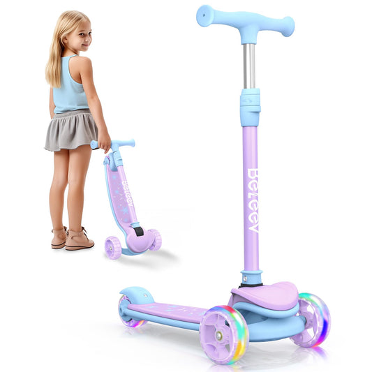 BELEEV A8 Scooter for Kids Ages 3-12, 3 Wheel Folding Scooter for Toddlers Girls & Boys with LED Light Up Wheels, 4 Adjustable Height, Extra Wide Deck, Lightweight Kick Scooter for Children (Purple)