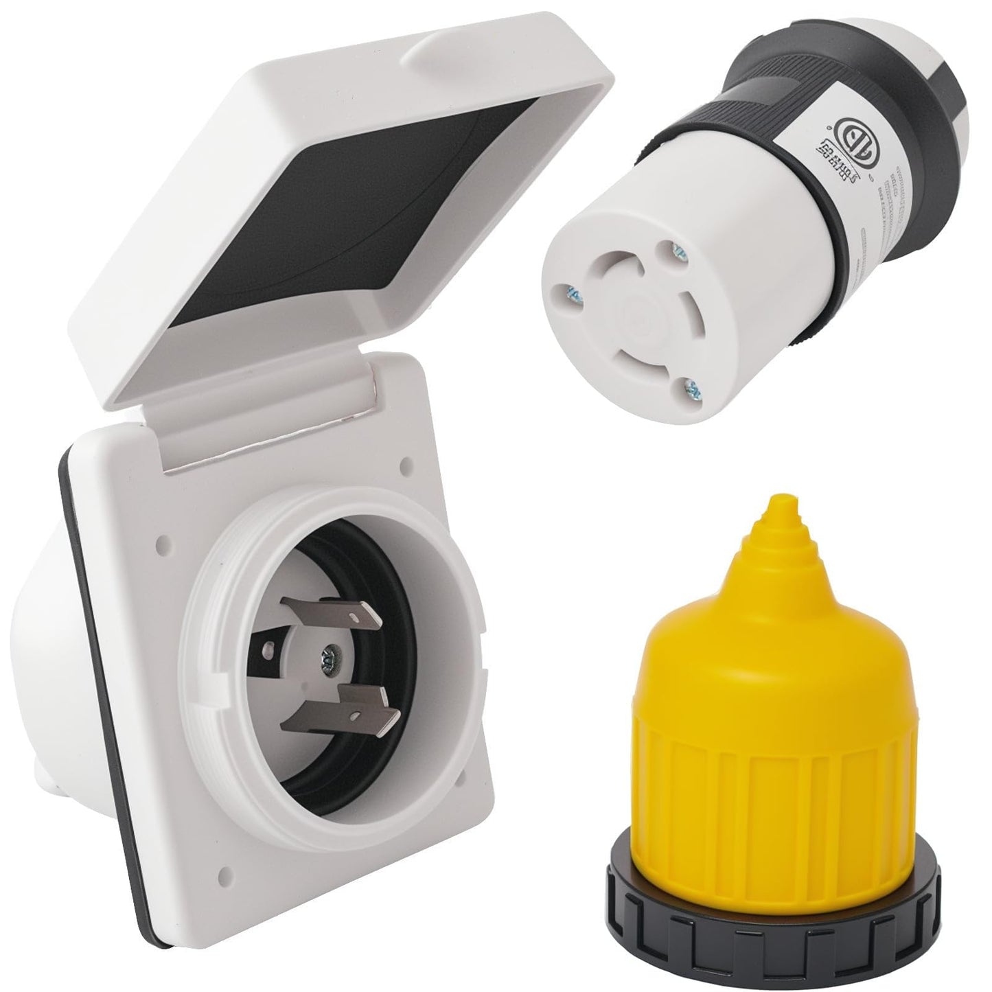 30AMP RV Power Inlet Receptacle, 125V RV Power Plug Twist Lock Inlet, RV Power Female Twist Locking Connector with Weatherproof Cover Boot for Trailer Boat Camper, RV Shore Power Inlet Plug Kit