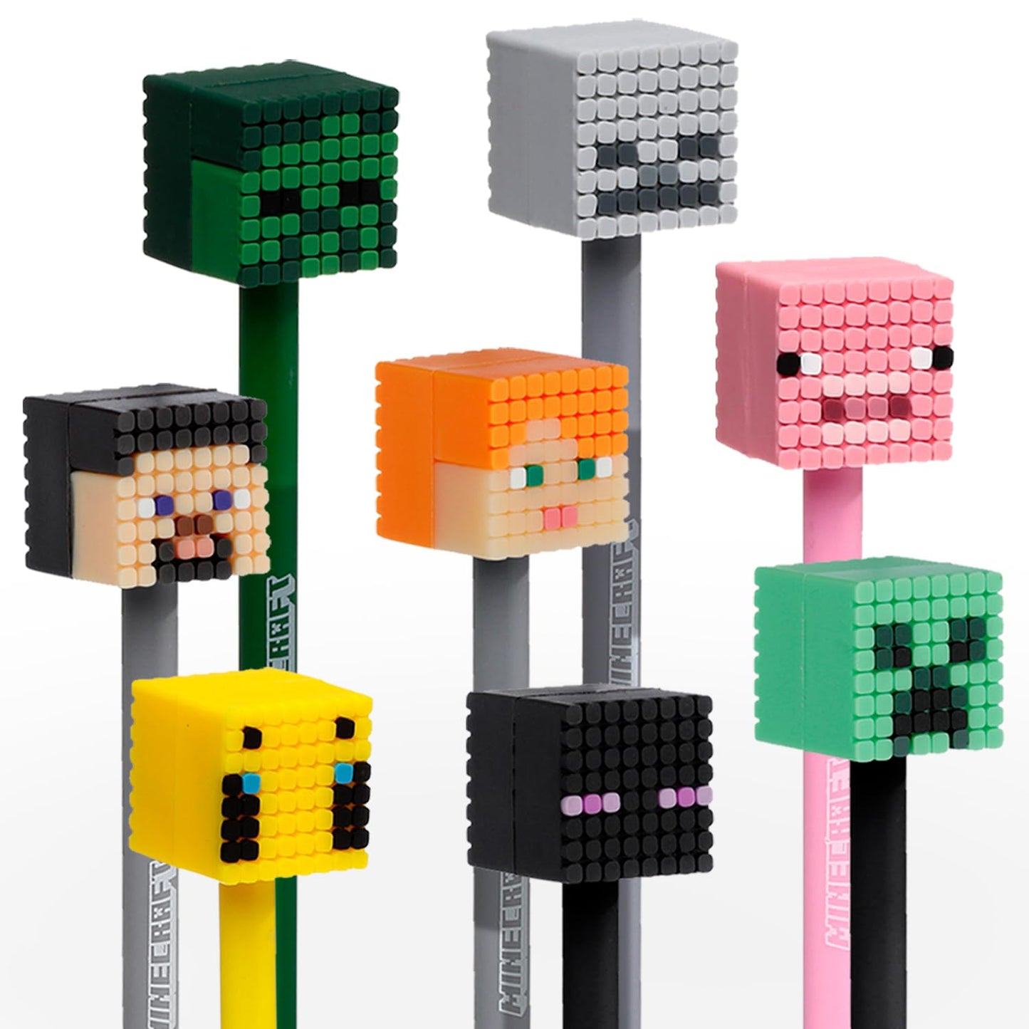 Puckator Minecraft Fine Tip Pen with Silicone Topper 8 Piece Set - Pen Stationary Set - Cool Fancy Pack of Pens Black For Office Writing College - Uni Essentials - Back to School Supplies - Non Smudge