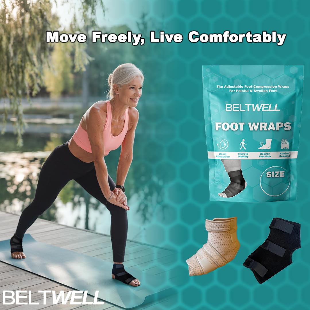 Beltwell® - Adjustable Foot & Ankle Compression Wraps For Edema, Lymphedema, Swelling, Neuropathy, Diabetic Foot Care, Circulation (2 Wraps) (Large) (Black, X-Large)