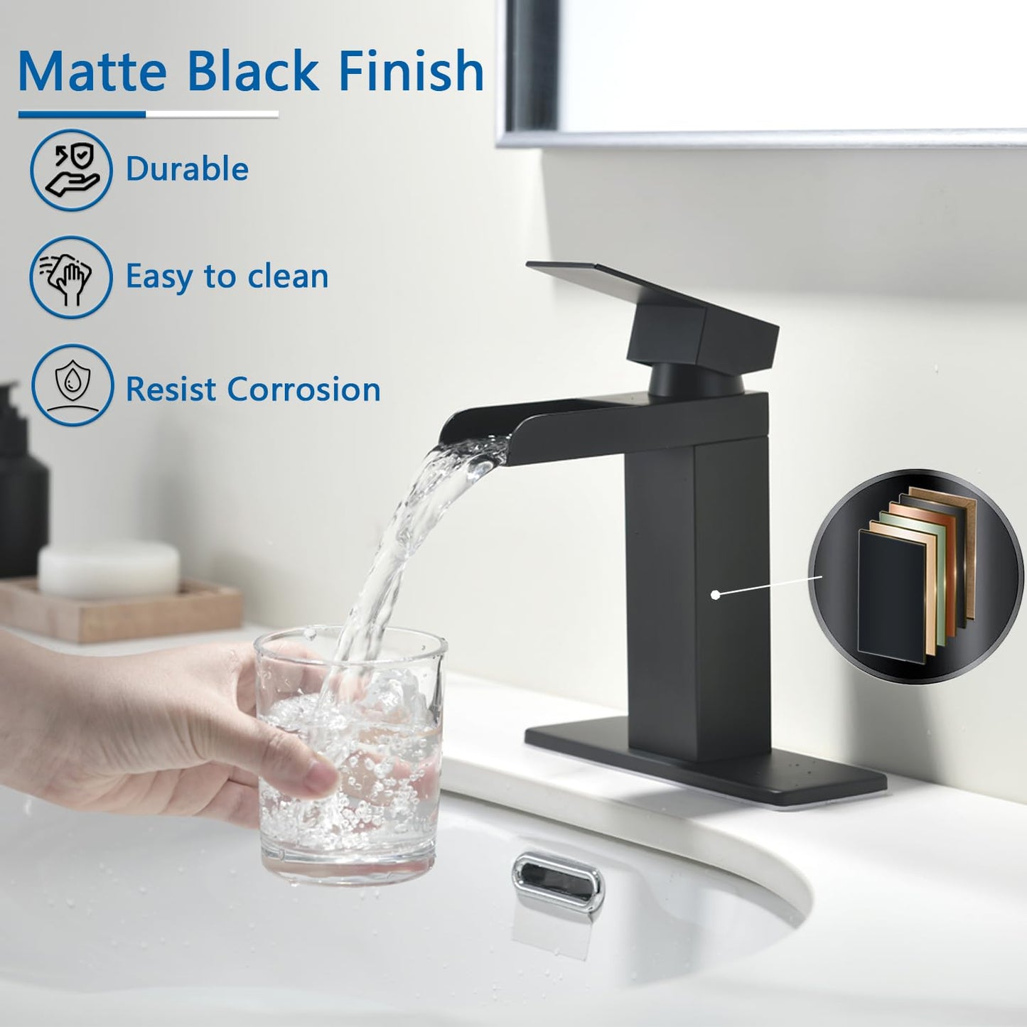 Matte Black Waterfall Bathroom Faucet, Single Handle Stainless Steel Bathroom Sink Faucet for 1 or 3 Hole, Rv Vanity Camper Farmhouse Lavatory Faucets with Pop-up Drain and Deck Plate, KMBF014B