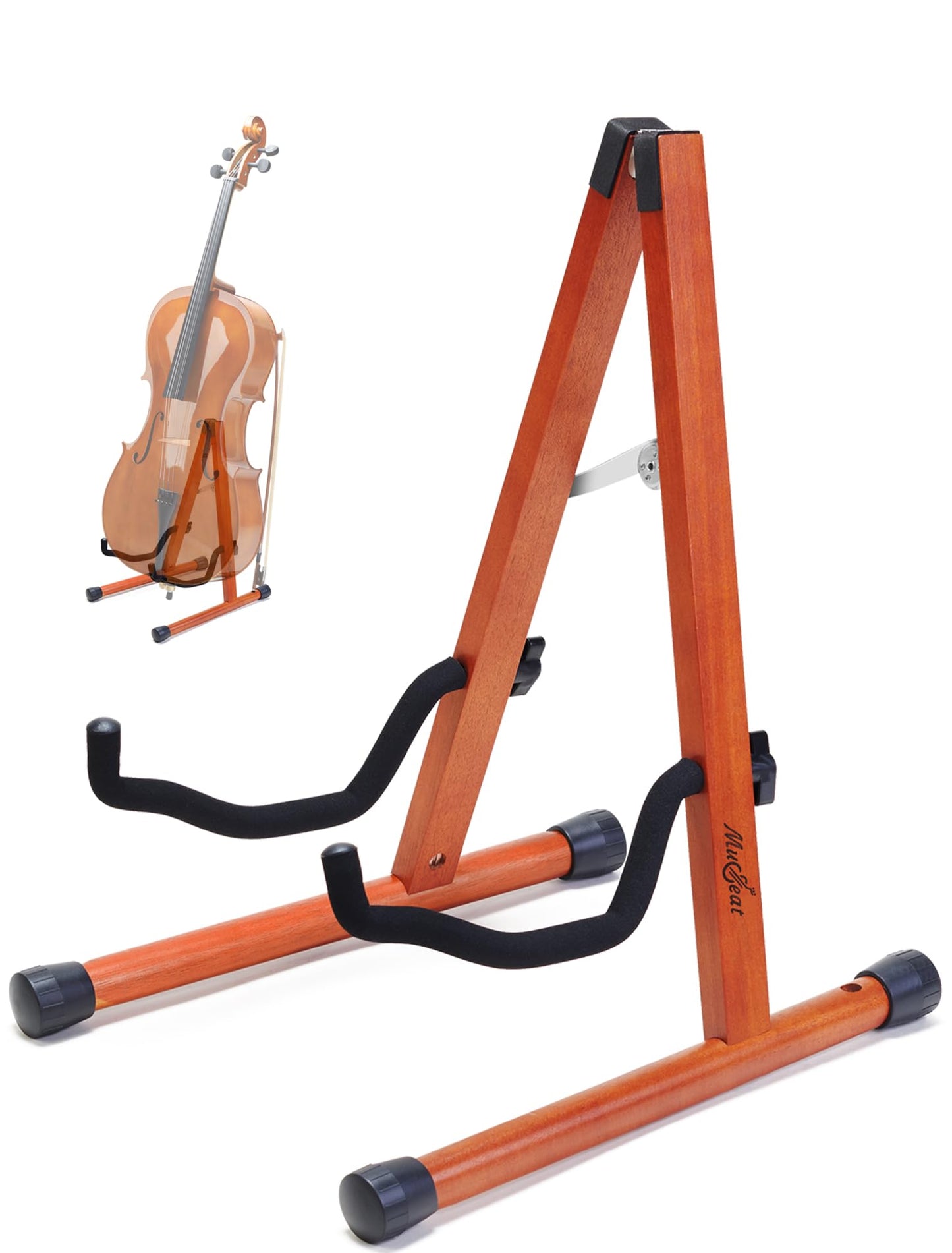 Musbeat Cello Stand with Bow Holder, Mahogany Wooden A-Shape Floor Stand with Padded Foam, Handcrafted Cello Rack Fits 1/2, 3/4, 7/8, 4/4 Full-Size and Guitar, Instrument Holder for Home and Studio