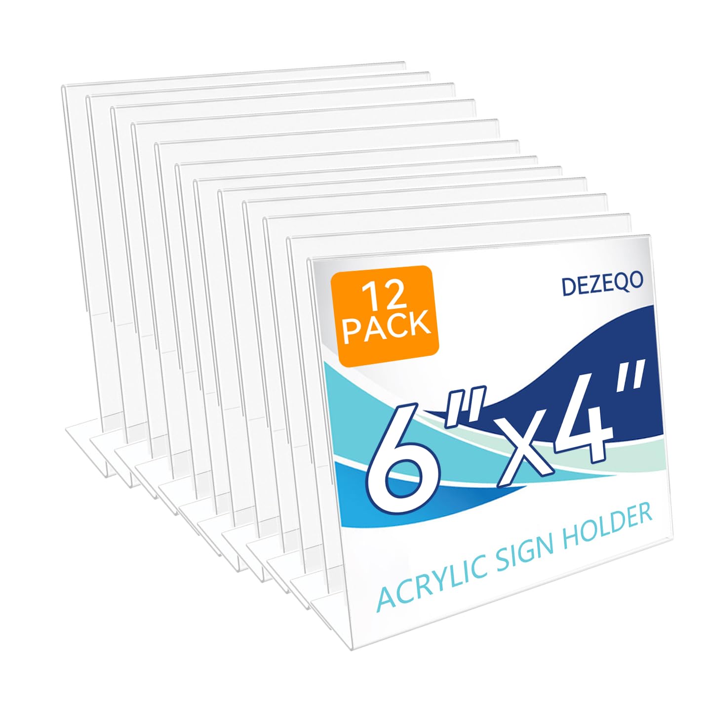 DEZEQO Clear Acrylic Desktop Display Sign Holder - Set of 12, 4 x 6 Inches Horizontal Acrylic Slant Back Sign Holder Stand, Perfect for Showcasing Advertisements and Signs