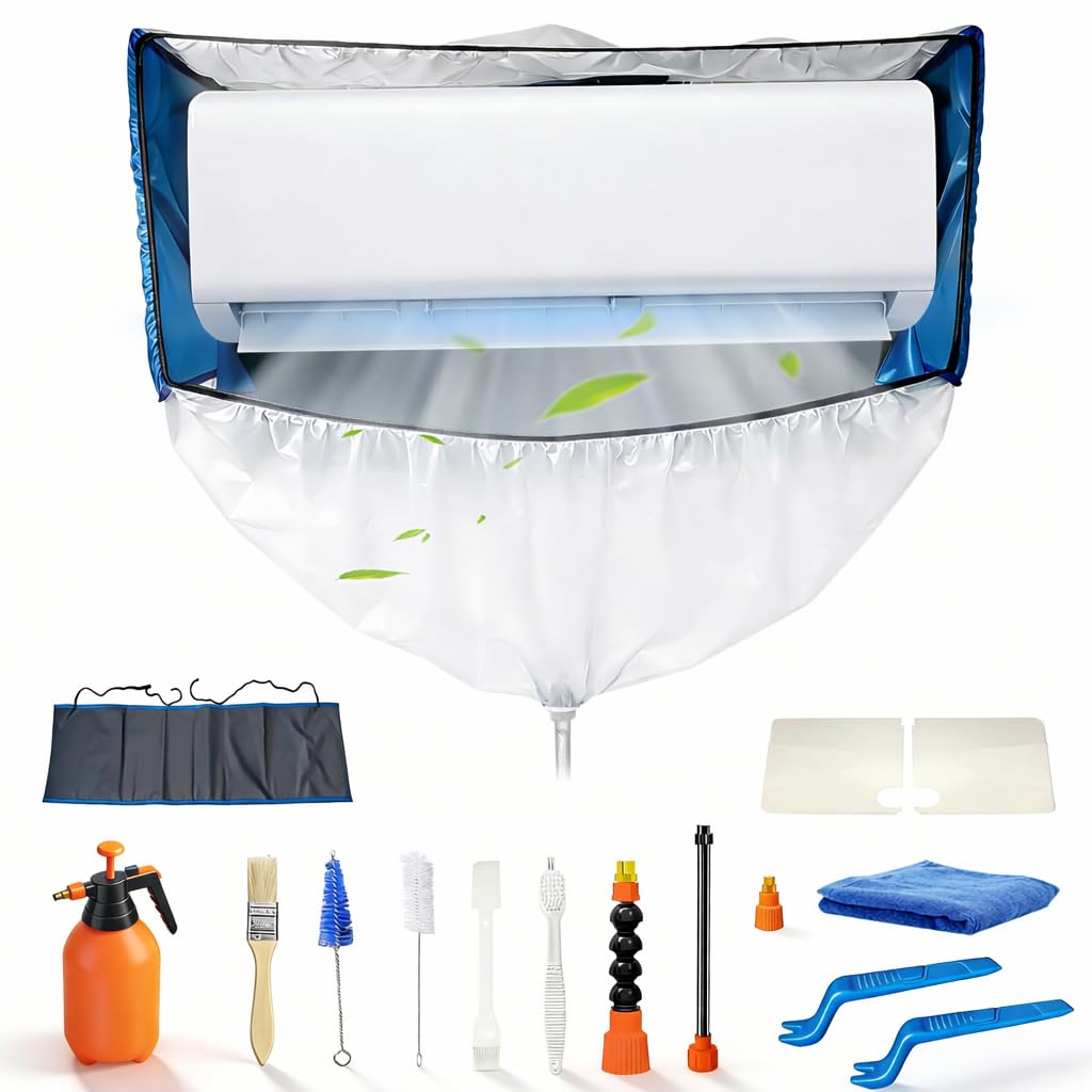 KIKEPILM Air Conditioner Cleaning Kit for Mini Split Heat Pump, Wall Mounted Split AC Cleaning Bag Cover with Reinforced Side Walls and Drain, Thermopompe Climatiseur Nettoyage Kit, White-Blue Large