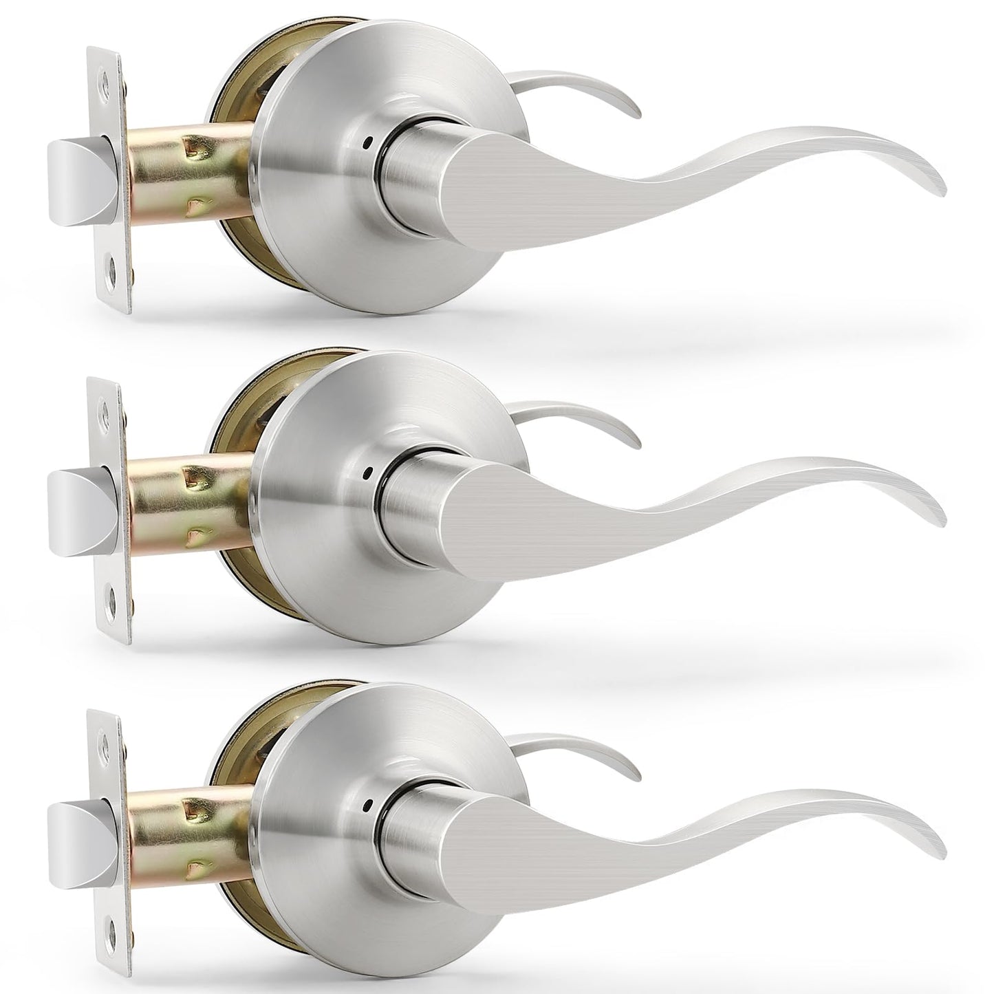 GOBEKOR 3 Pack Satin Nickel Passage Door Handle, Keyless Interior Door Levers Brushed Nickel Finish, Classic Wave Style Hall and Closet Door Handle Set, Left or Right Handing Levers