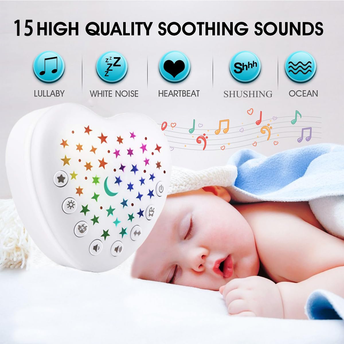 BEREST A13 White Noise Machine & Baby Sleep Soother with 15 Soothing Sounds & Projector Night Light Music Box, Cry Sensor, Rechargeable Lithium Battery, Portable for Newborns, Toddlers, Attaches to Crib