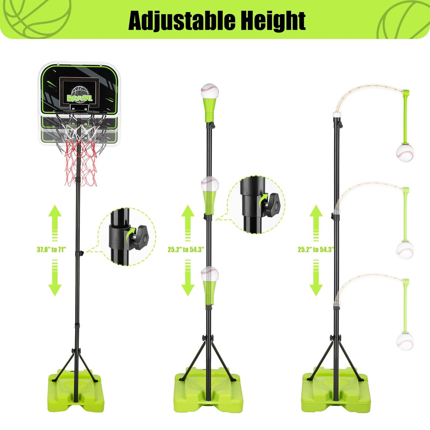 4 in 1 Kids Basketball Hoop and Tball Set for Kids 3-5, Adjustable Height Toddler Basketball Hoop, Hanging Tee Baseball with Automatic Pitching Toddler Birthday Gift Outdoor Toys for 3-12 Years Old