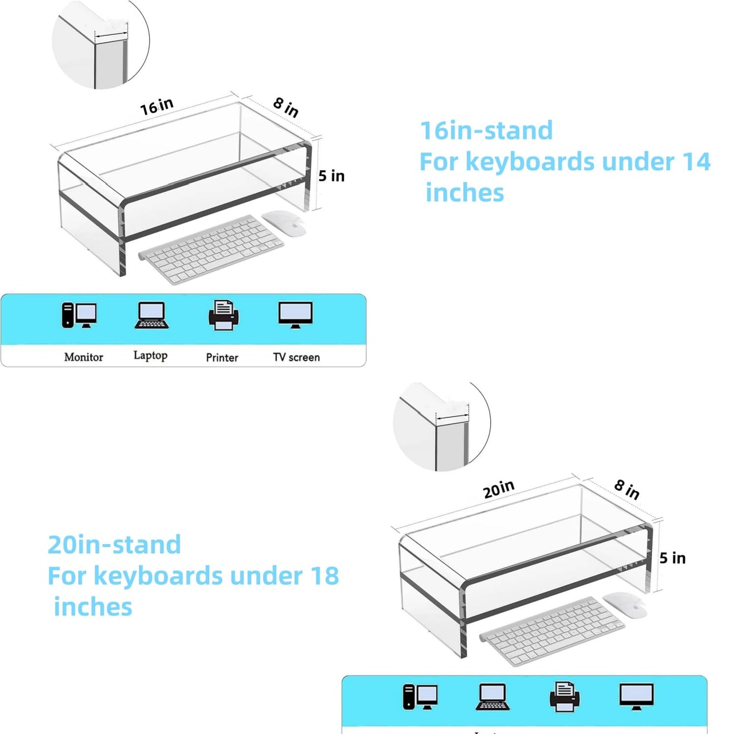 Wymexen Acrylic Monitor Stand, 2 Tier Computer Monitor Stand Riser，Acrylic Computer Monitor Stand Riser for iMac, PC, Desktop, Laptop, TV Screen with Extra Storage Space Home Office (16in)