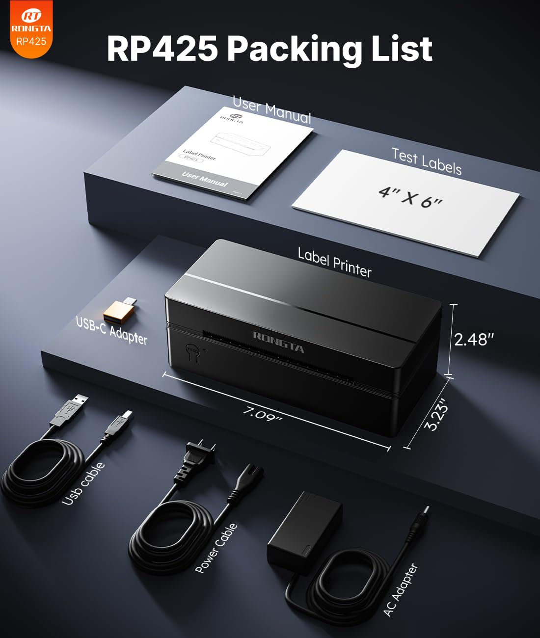 Rongta Bluetooth Shipping Label Printer, Wireless 4x6 Thermal Label Printer for Shipping Packages, Support Android, iPhone, Widely Used for Amazon, Shopify, Etsy, UPS, Black