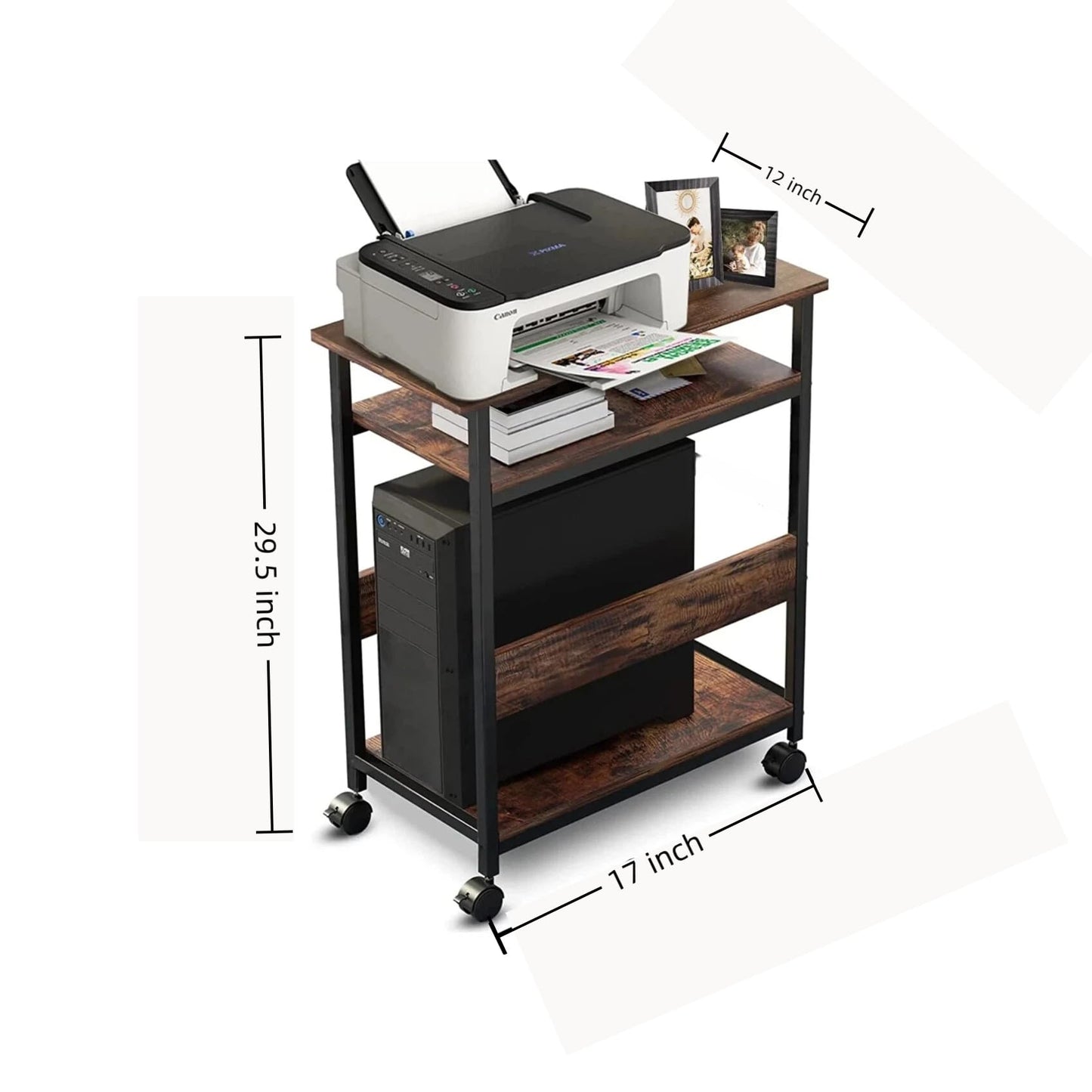 Printer Stand, Printer Rack with Casters, Desk Side Cart, Mobile Printer Stand, Wooden Cart with Rack, Brown