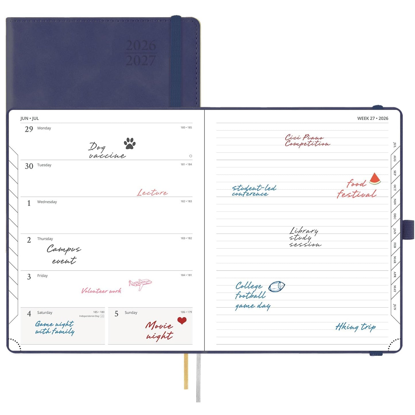 POPRUN Weekly Planner 2026-2027 (Large 8.5''x 10.5'') Academic Calendar (JUL.26 - JUN.27) Appointment Book with Monthly Tabs, Leather Soft Cover, Inner Pocket, 100 GSM - Navy Blue