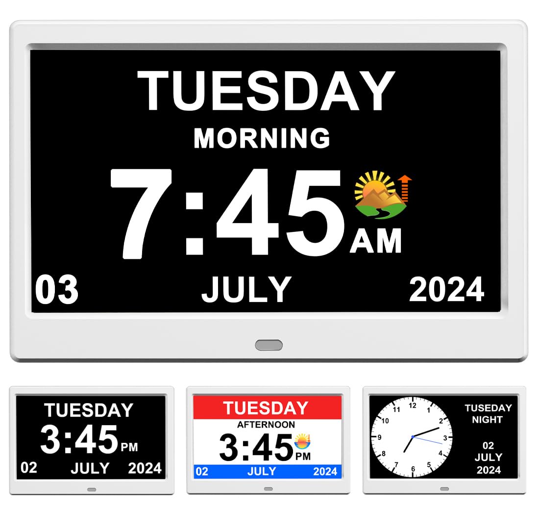 TIMEMOON Alarm Clock with Day and Date for Elderly Digital Calendar Clock Photo Frame- Auto Dimmable Display 15 Alarm Options (10inch White)