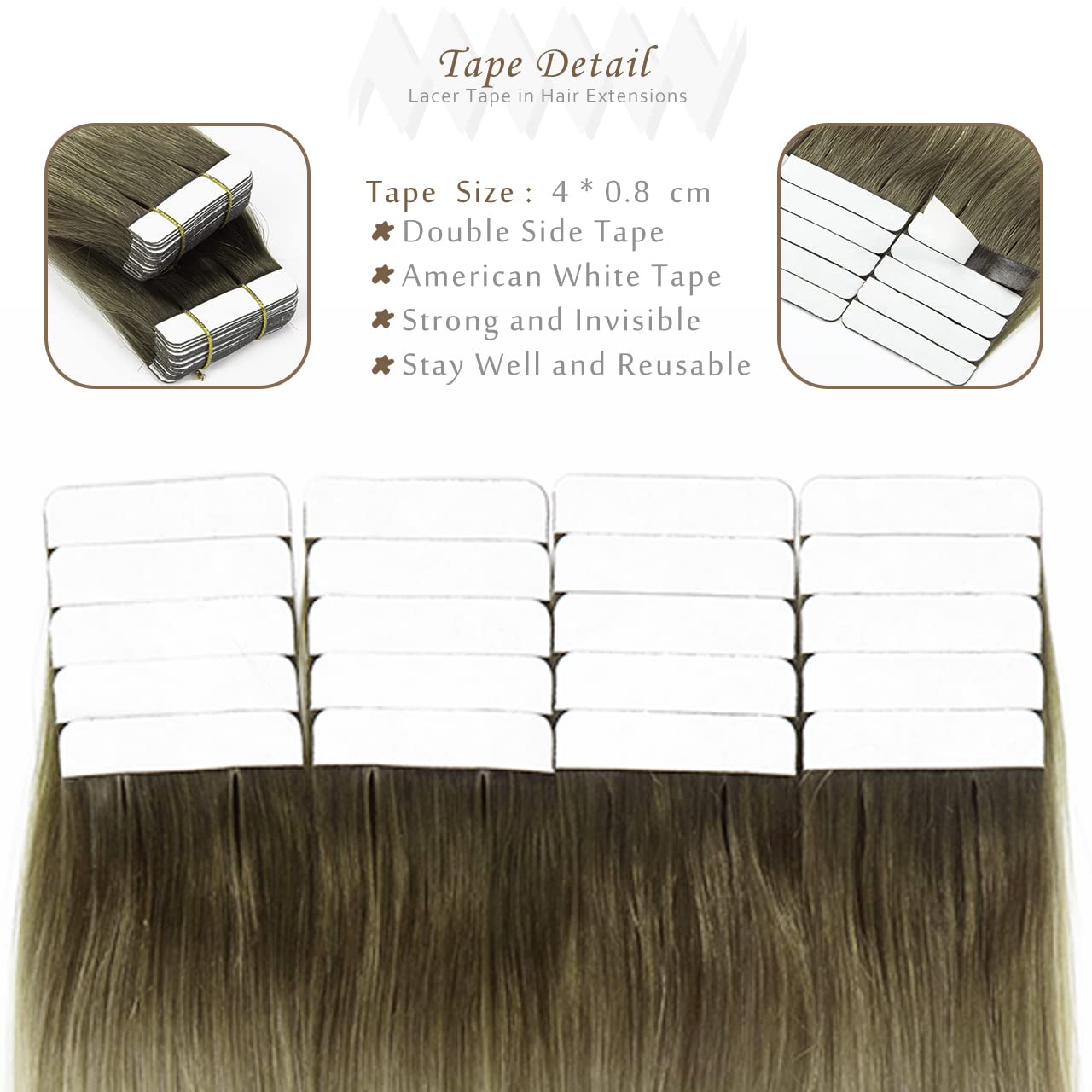 Lacer Hair Natural Hair Remy Tape in Human Hair Extensions #8G/60A Light Ash Brown to Light Platinum Blond Dip Dyed Seamless PU Skin Weft Real Remy Invisible Hair Double Side 50g 20pcs 18inch