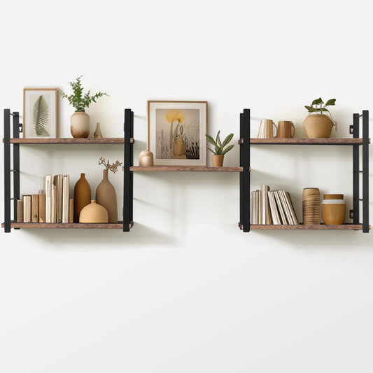 Natural Wood Floating Wall Shelves with Bridge Book Shelf; Wall Mounted Storage; 2 Hanging Shelf Brackets with 5 Shelves for Multiple Configurations; Kitchen, Bathroom and Bedroom Décor (Dark Brown)