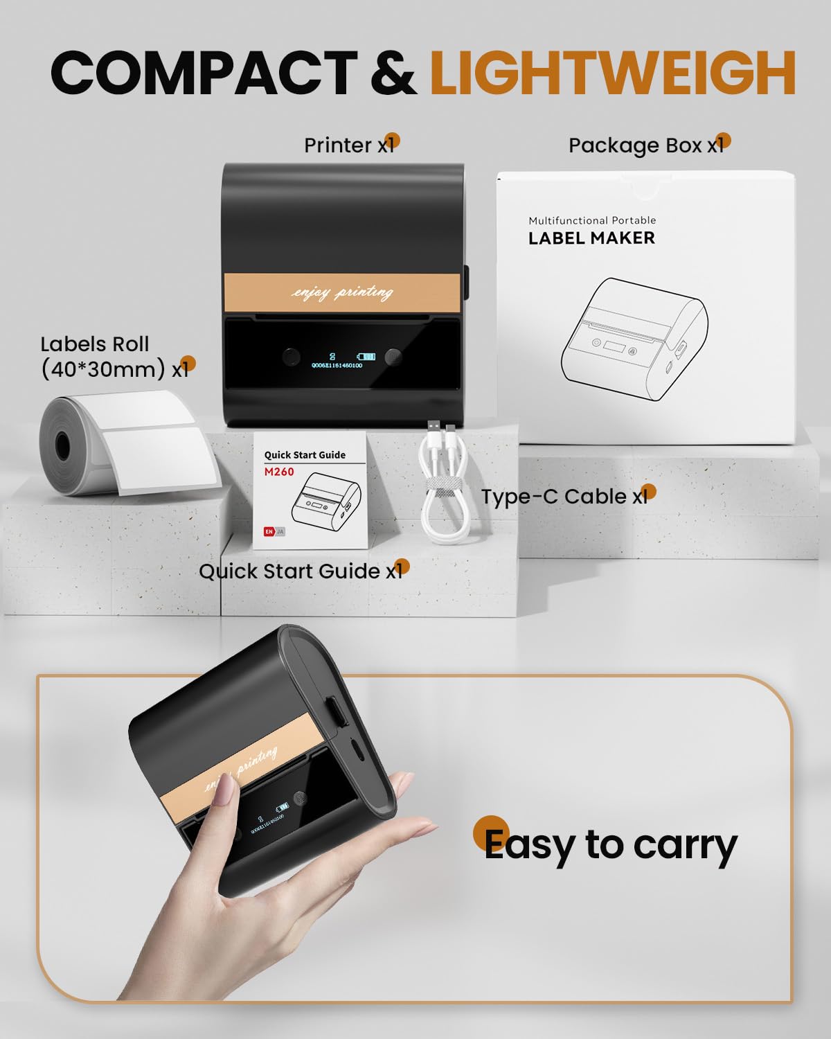 Barcode Label Printer 3 Inch - M260 Bluetooth Thermal Large Label Maker Machine, Portable Wireless & Inkless for Small Business, Home, Office - Waterproof Label, Compatible with iOS/Android/PC, Black