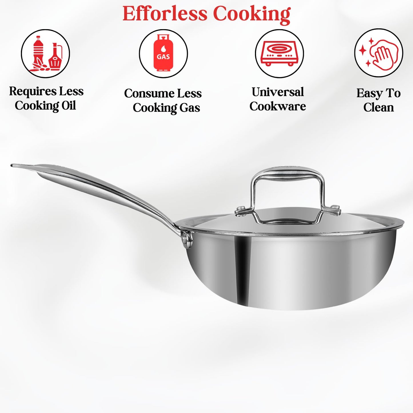 Vinod Platinum Triply Stainless Steel Wok with Lid 22 cm | Deep Skillet Pan with Riveted Sturdy Handle | Induction and Gas Frying pan, Dishwasher & Oven Safe | Ideal for Frying, Sautéing-Silver